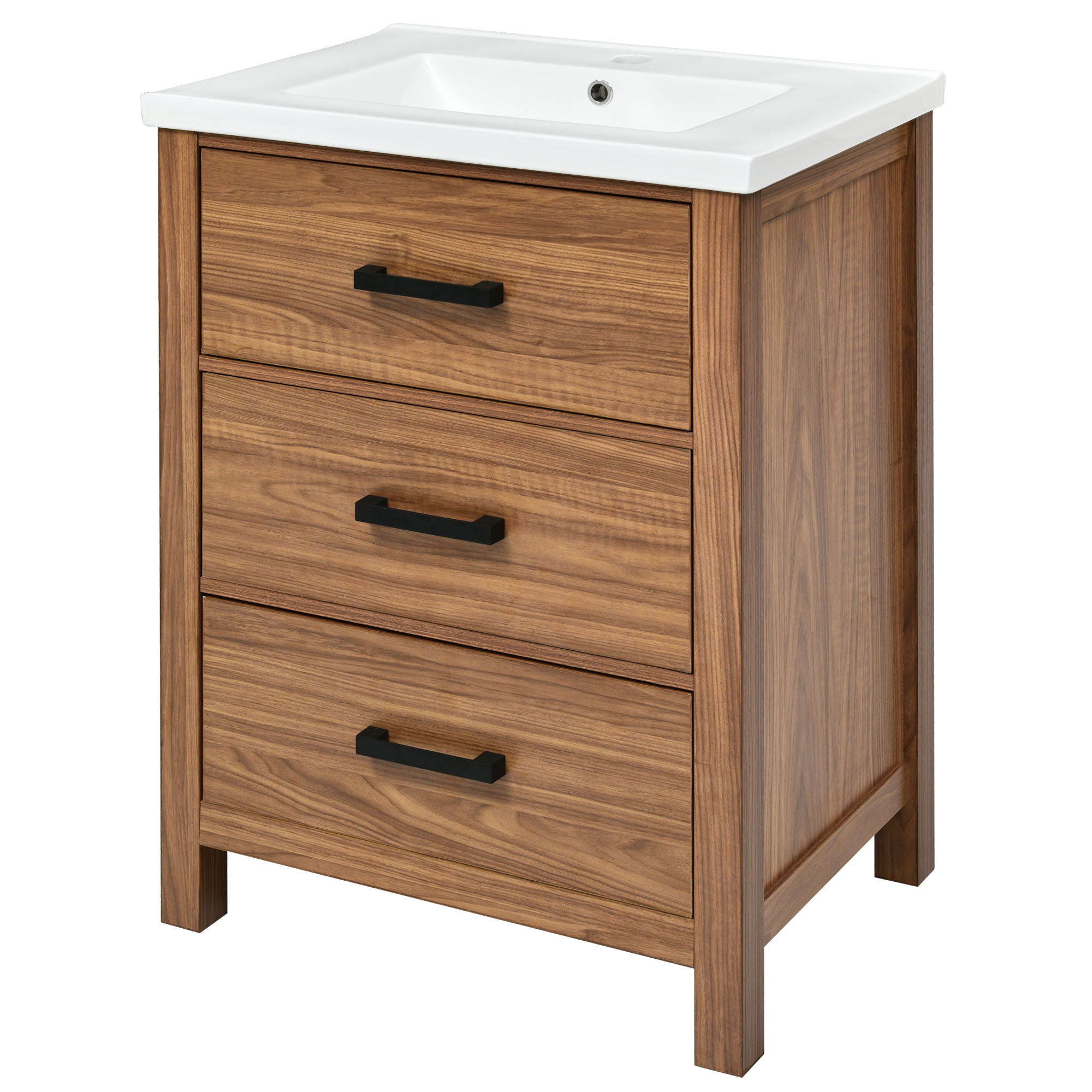 24'' Bathroom Vanity With Basin Sink, 3 Drawer Storage Cabinet - Natural Wood