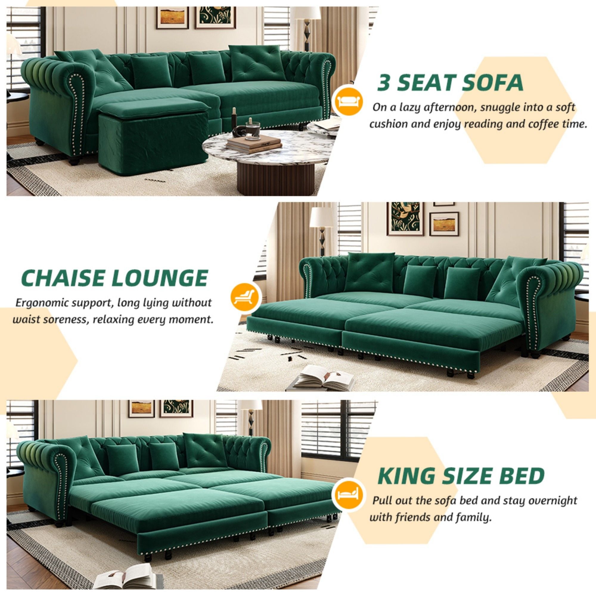 3 In 1 Pull Out Convertible Sleeper Sofa Bed, King Size, Chaise Lounge