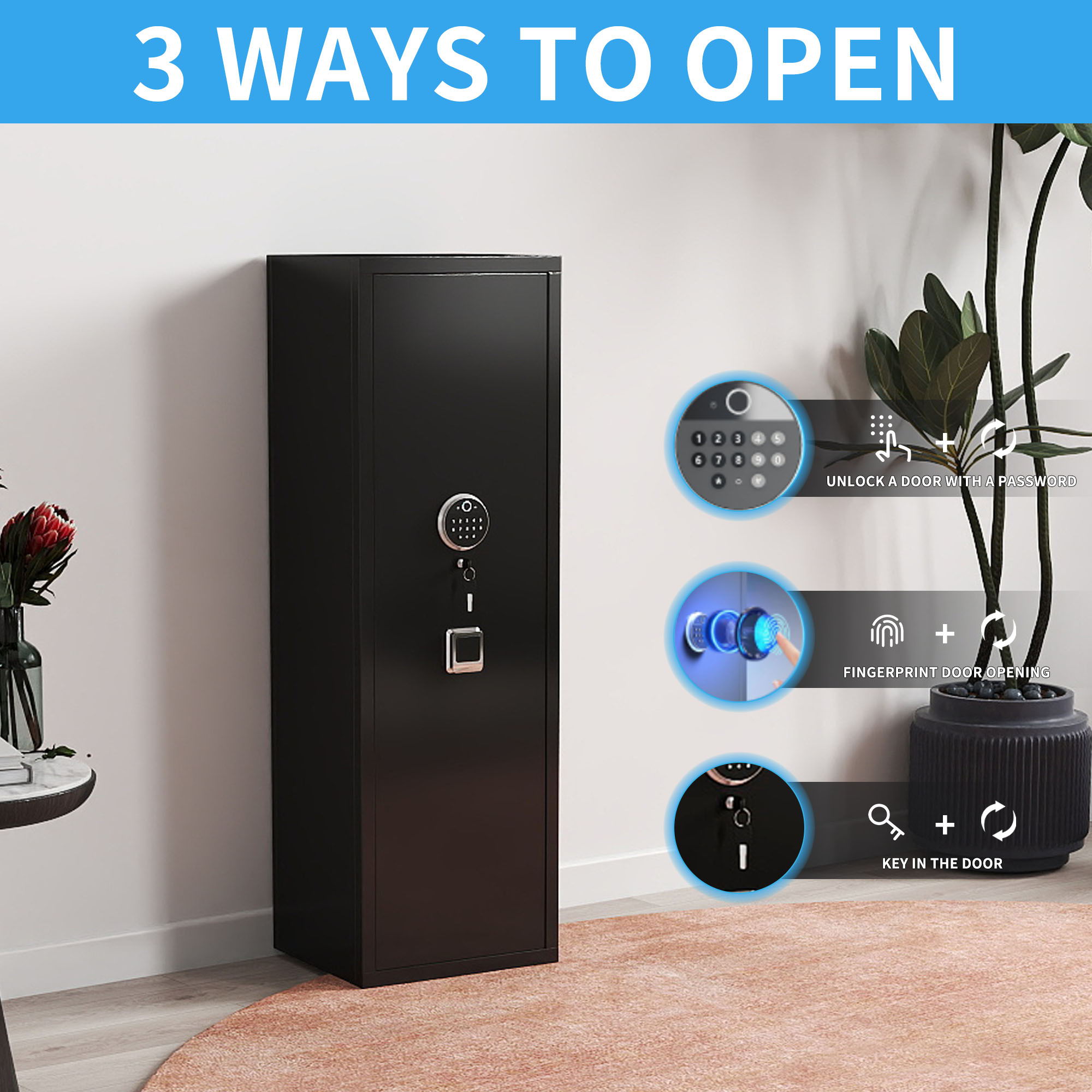 Gun Safes For Home Rifle And Pistols, Fingerprint Electronic Safe With Quick Access, Detachable Partition - Black
