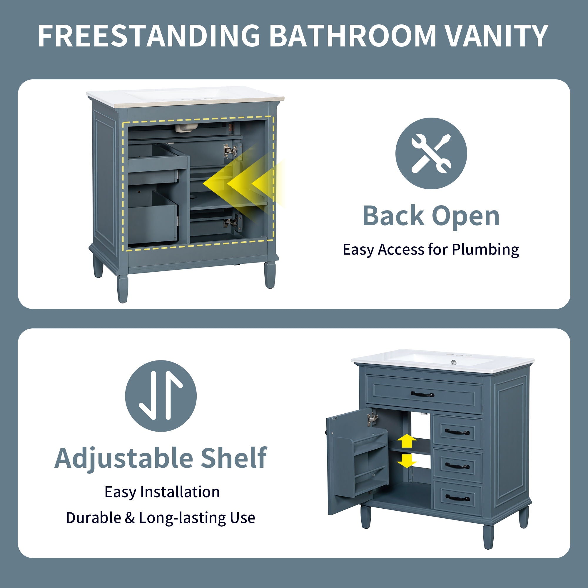 Bathroom Vanity With Sink Top, Flip Drawers, Adjustable Shelf