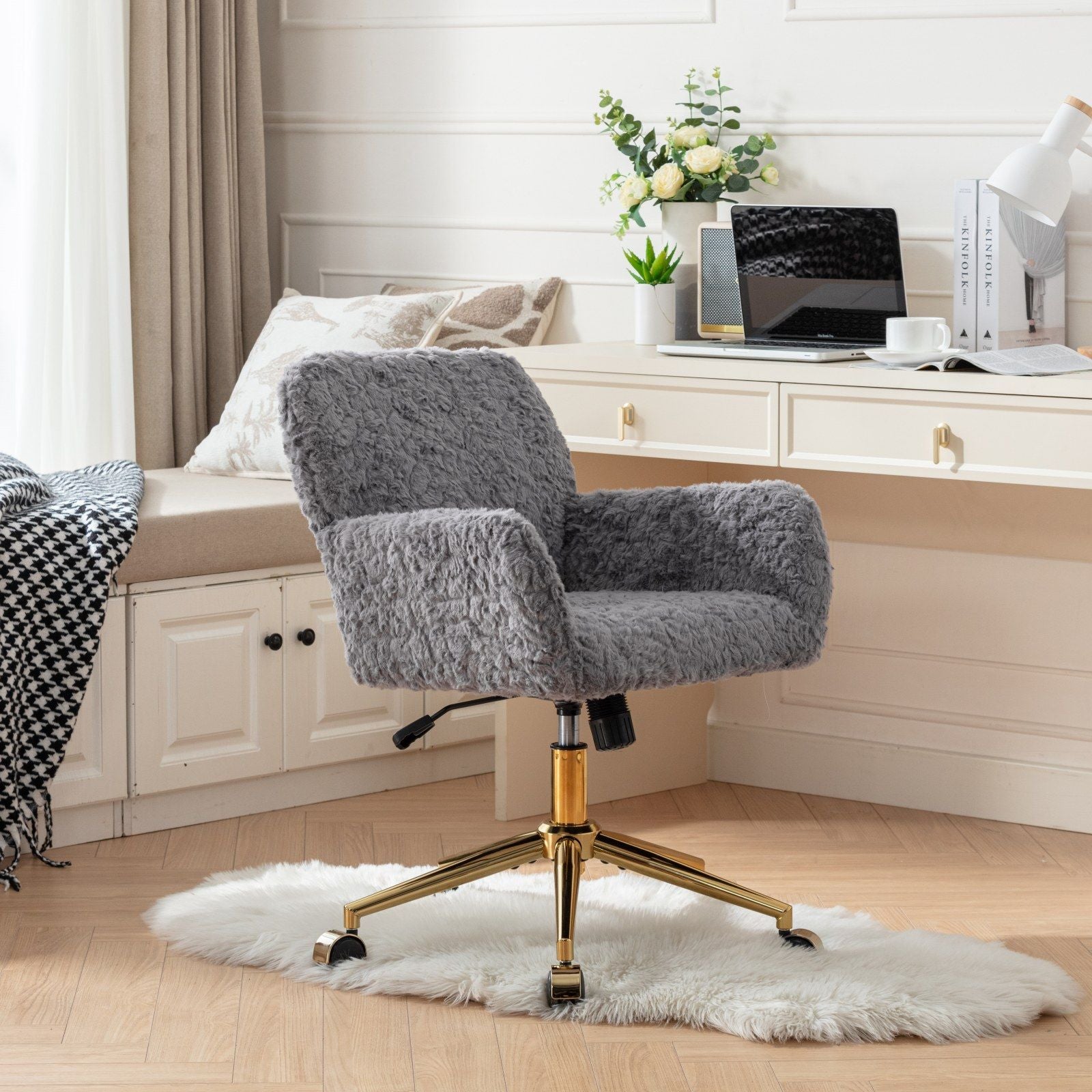 Office Chair, Artificial Rabbit Hair Home Office Chair With Metal Base, Adjustable Desk Chair Swivel Office Chair, Vanity Chair