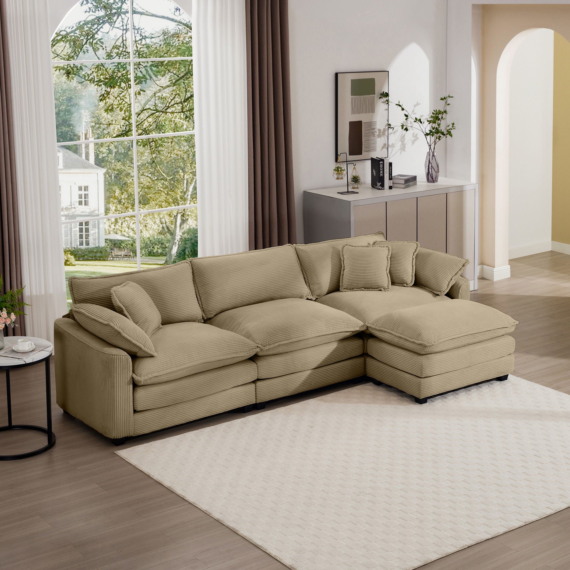 Oversized Modular Cushion Sofa With Ottoman, Low Back, Deep Seating Sofa Set