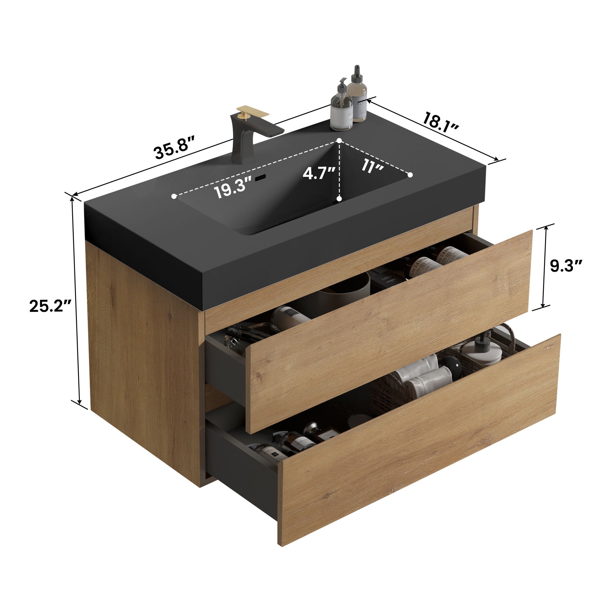 Alice - Natural Oak Bathroom Vanity With Sink, Large Storage Wall Mounted Floating Bathroom Vanity For Modern Bathroom, One-Piece Sink Basin Without Drain