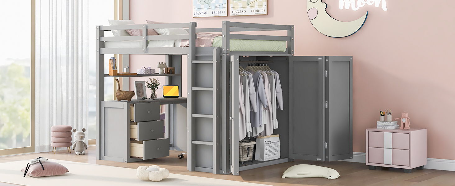 Loft Bed With Drawers, Desk, And Wardrobe