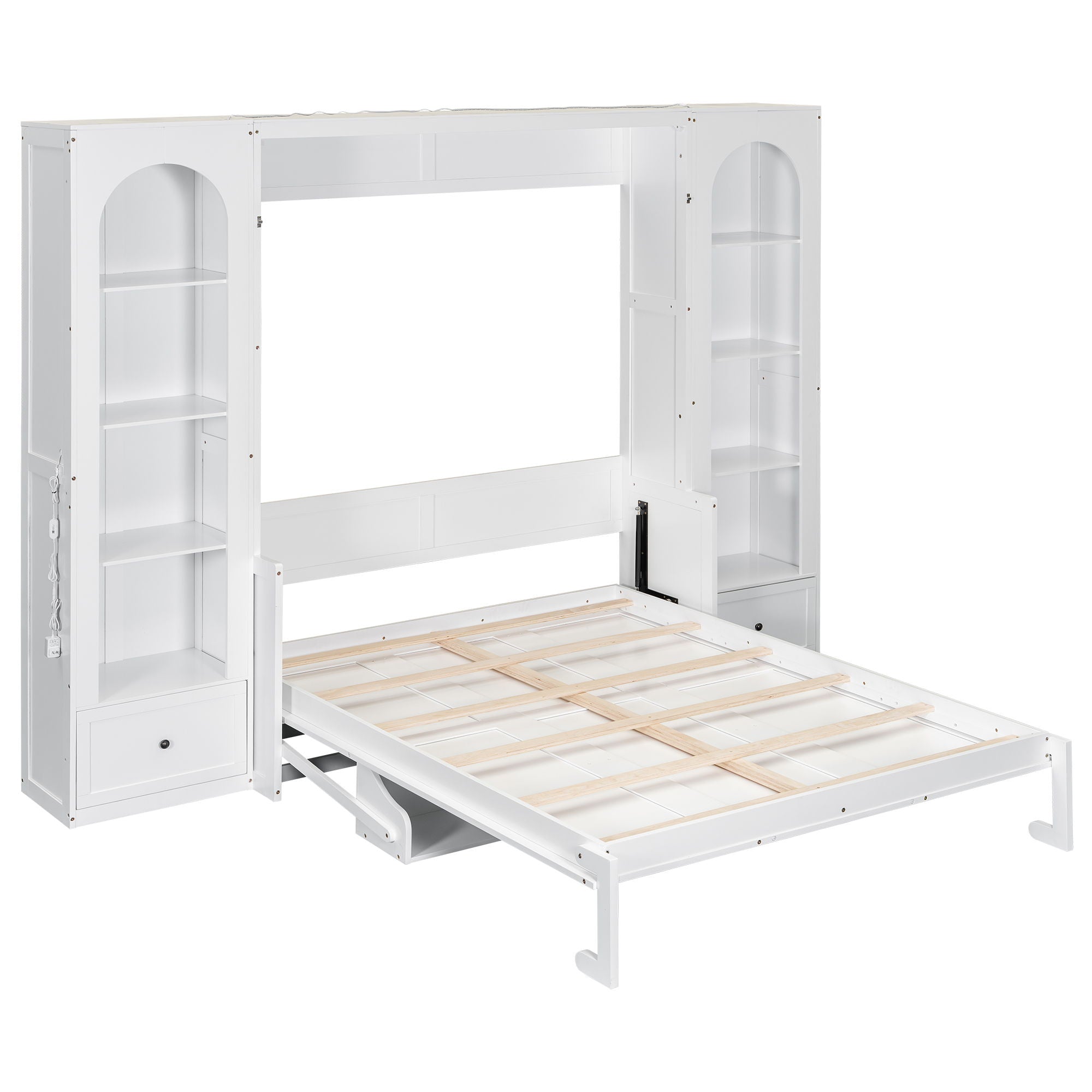 French Style Murphy Platform Bed With Shelf, Side Cabinets, Drawers And LED