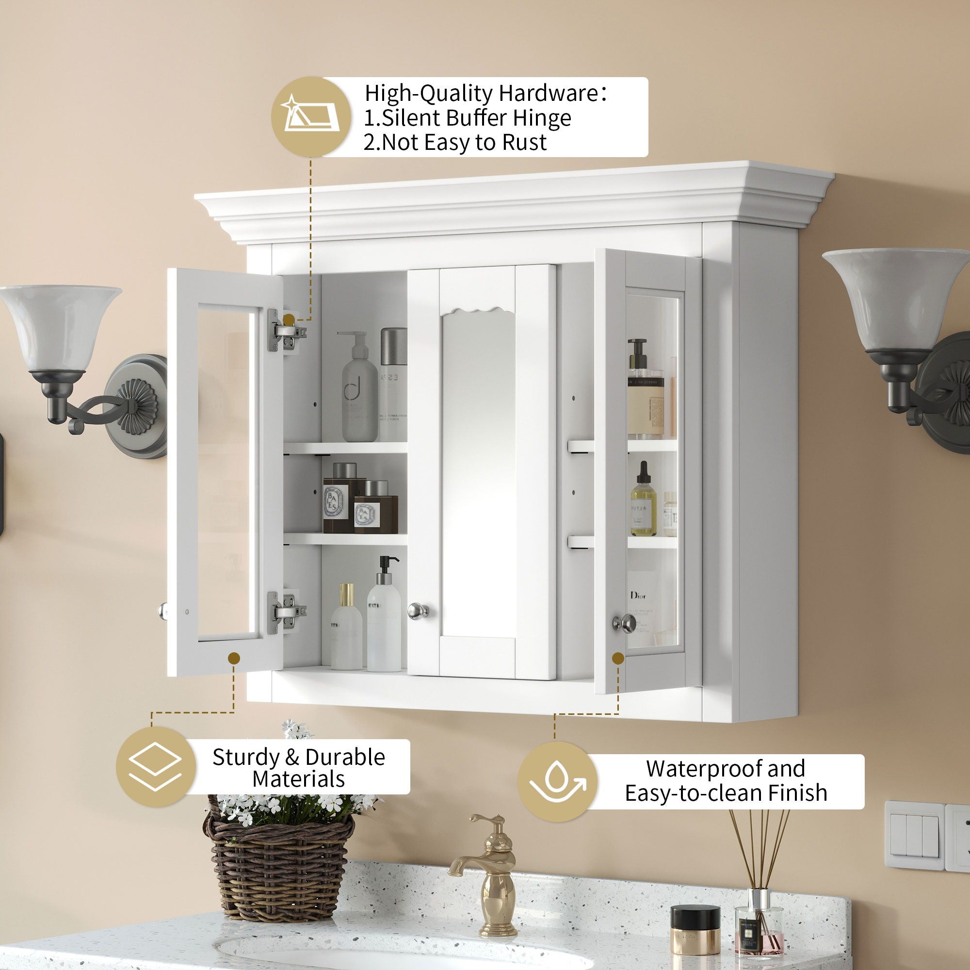 Bathroom Medicine Cabinet With Mirror, 5 Adjustable Closed Shelves, Wall-Mounted - White