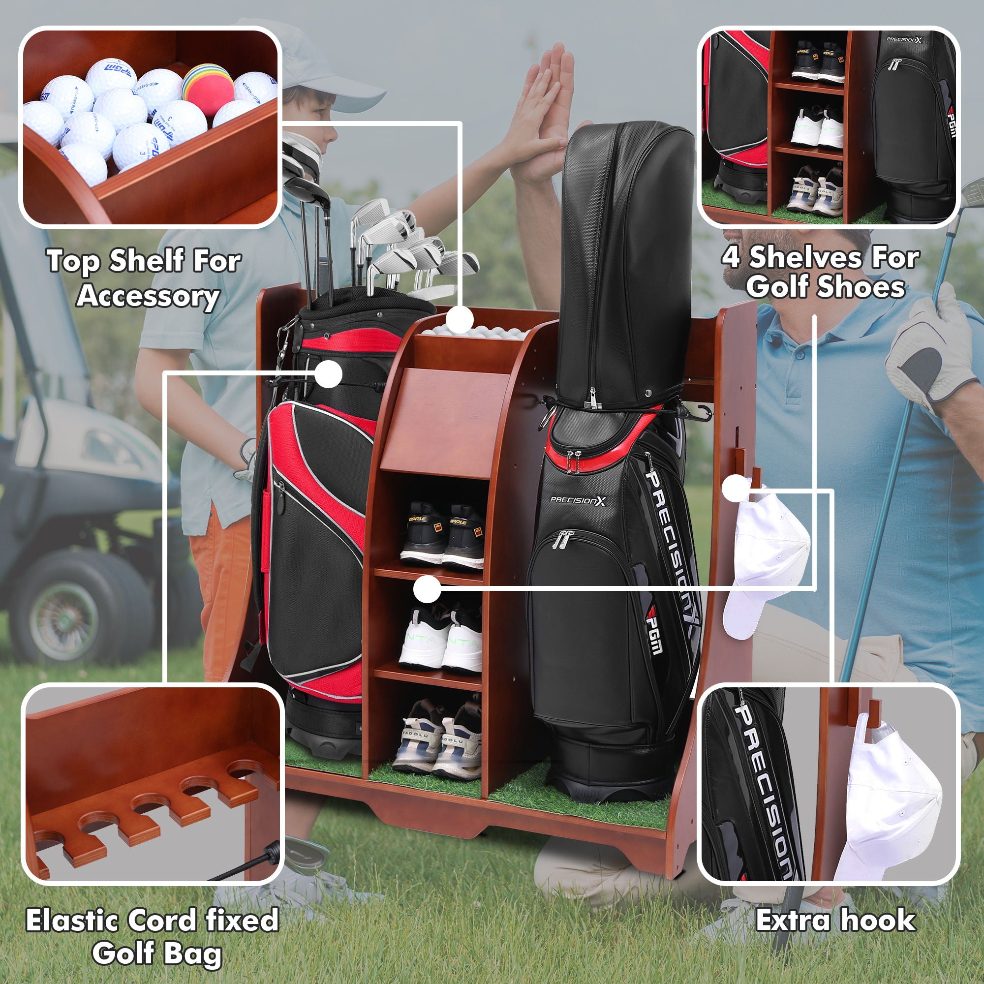 Wood Freestanding Adjustable Multi Use Golf Shelf - Reddish Brown
