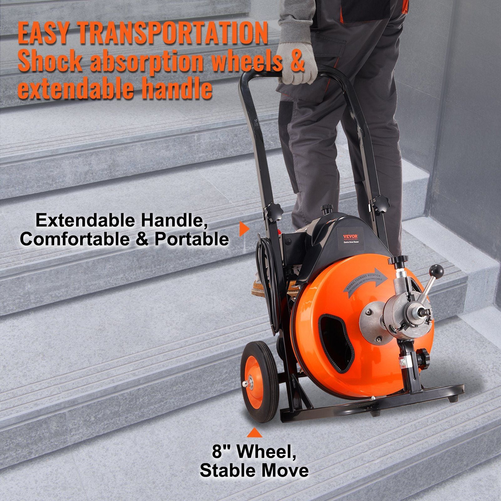 Drain Cleaning Machine 100Ft X 3/8" Auto Feed Sewer Snake - Orange