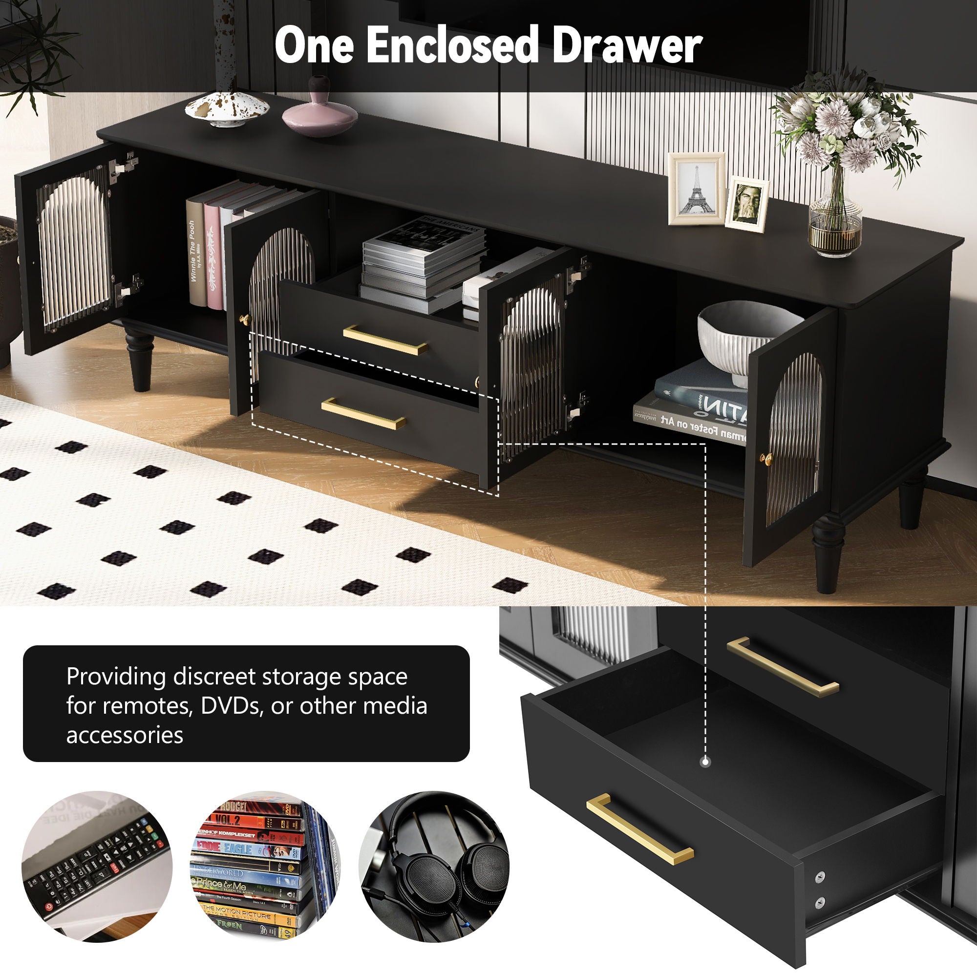 TV Stand For TVs Up To 75", Entertainment Center Media Console For Living Room - Black