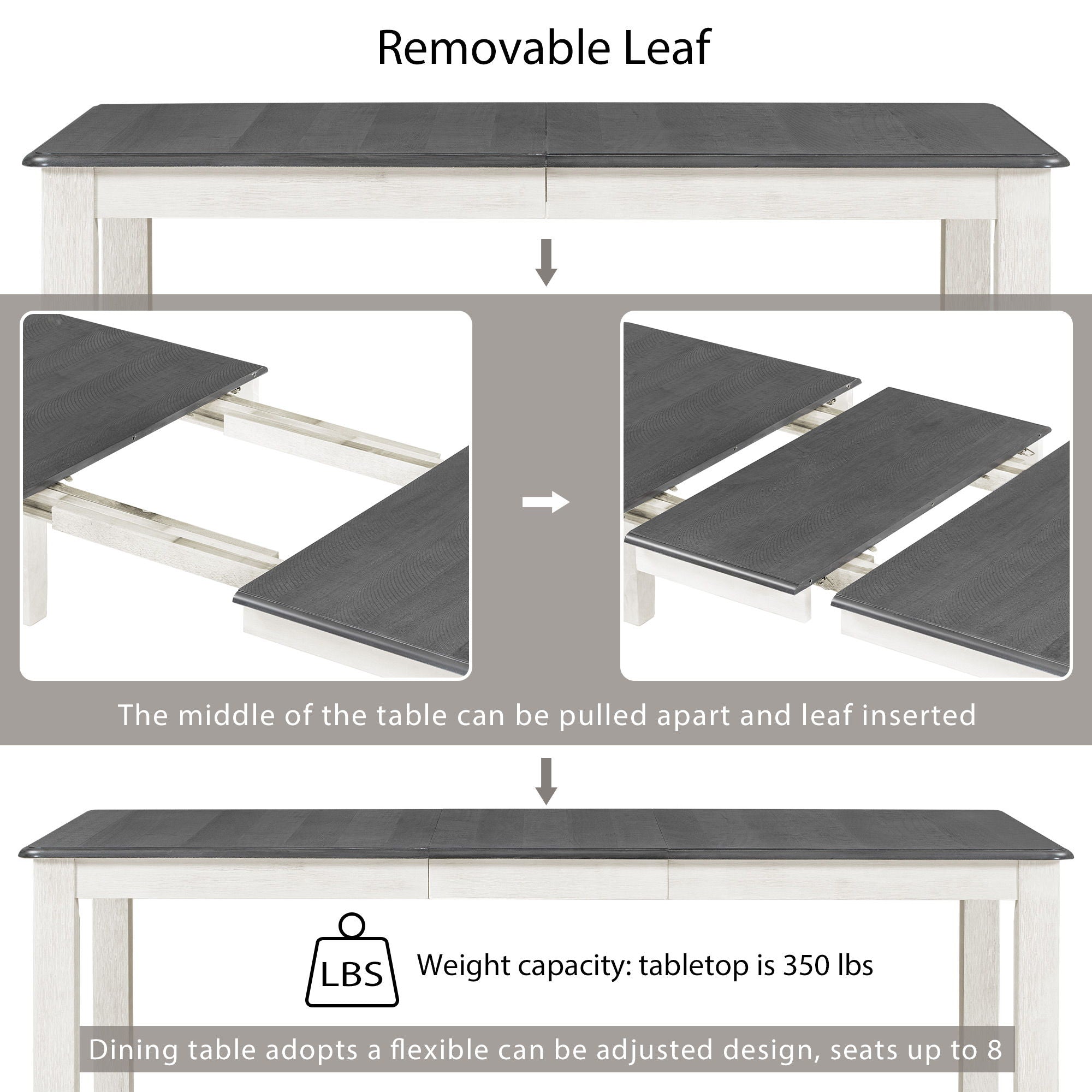 Retro Style 7 Piece Dining Table Set With Extendable Table And 6 Upholstered Chairs - Gray / White