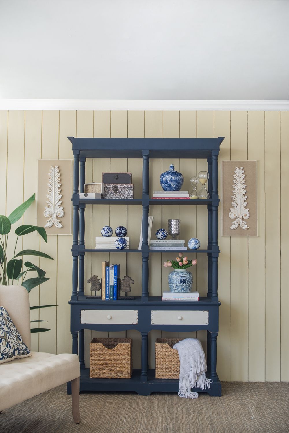 4 Tiered Wooden Shelf With Two Drawers, Farmhouse Wood Bookcase Display Storage Shelf Etageres - Antique Navy Blue