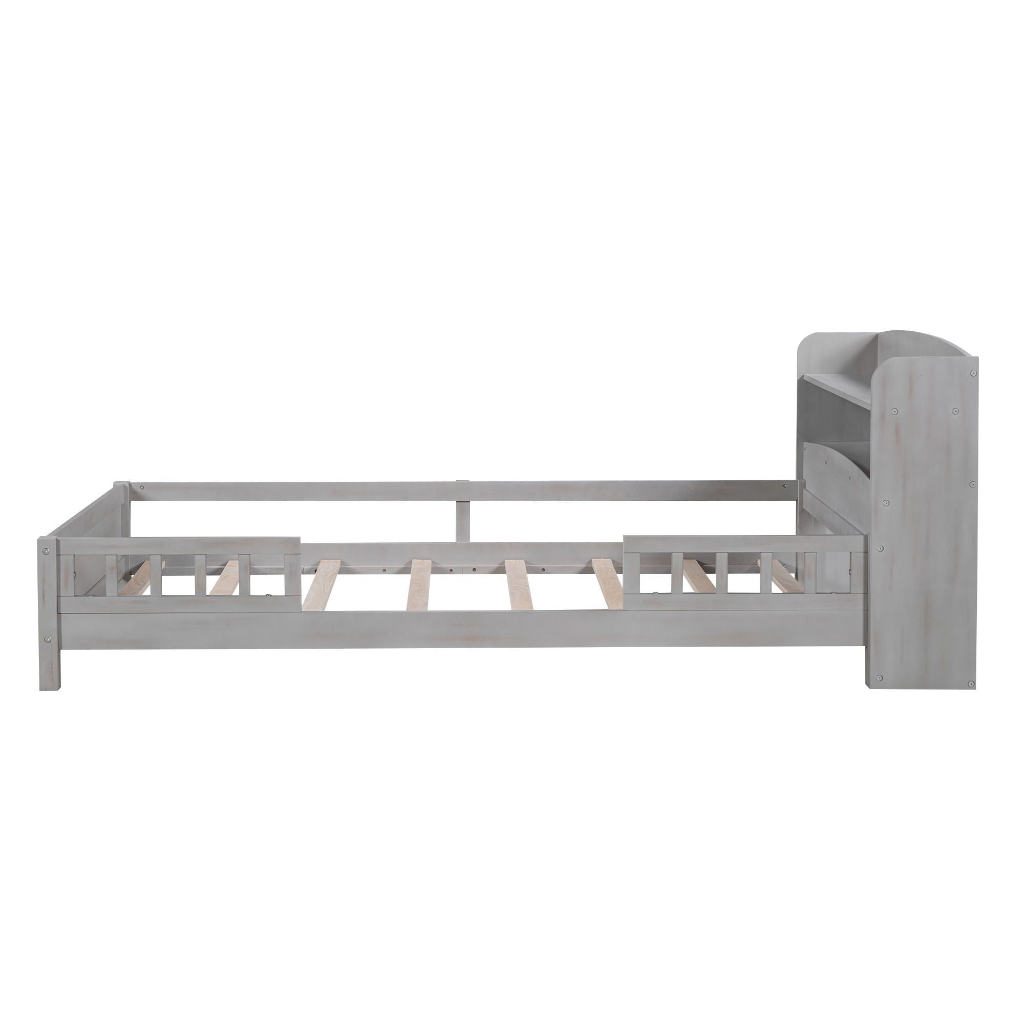 Wood Platform Bed With Built In LED Light, Storage Headboard And Guardrail