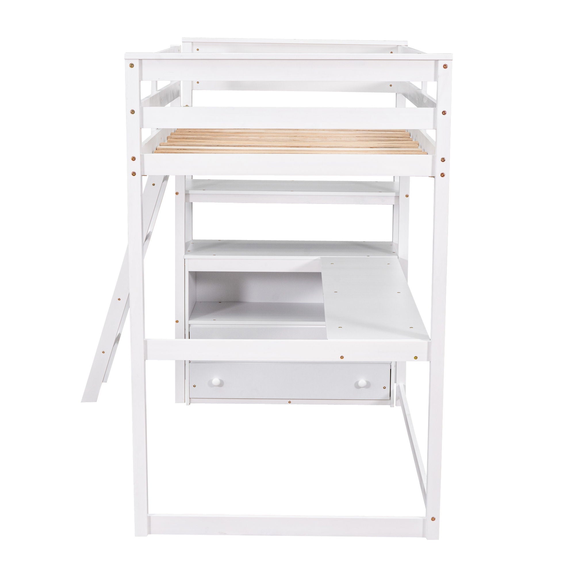 Modern Loft Bed With Built In Desk, Shelves, And 2 Drawers