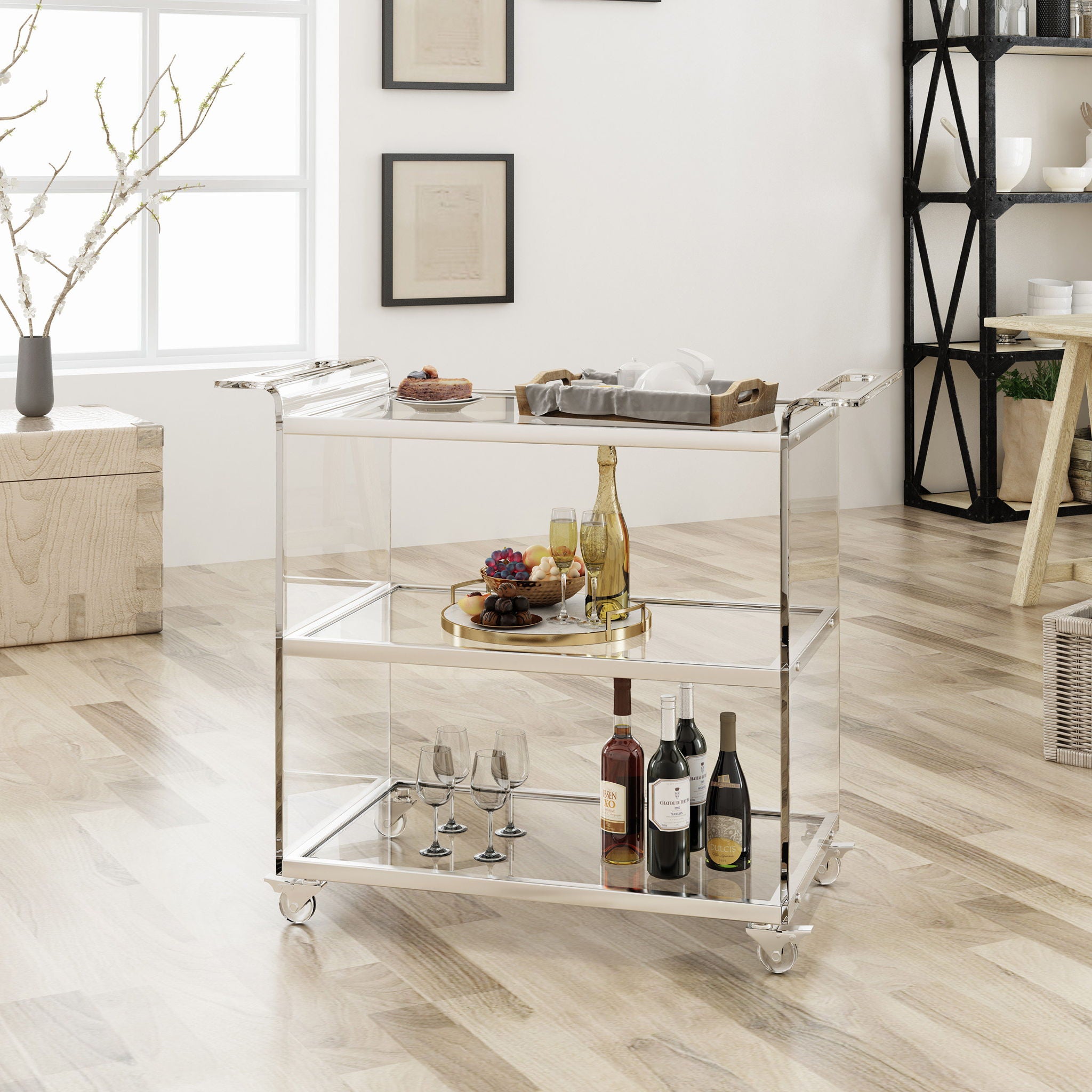 Elegant Acrylic Bar Cart With Tempered Glass Shelves And Rattan Metal Frame - Clear
