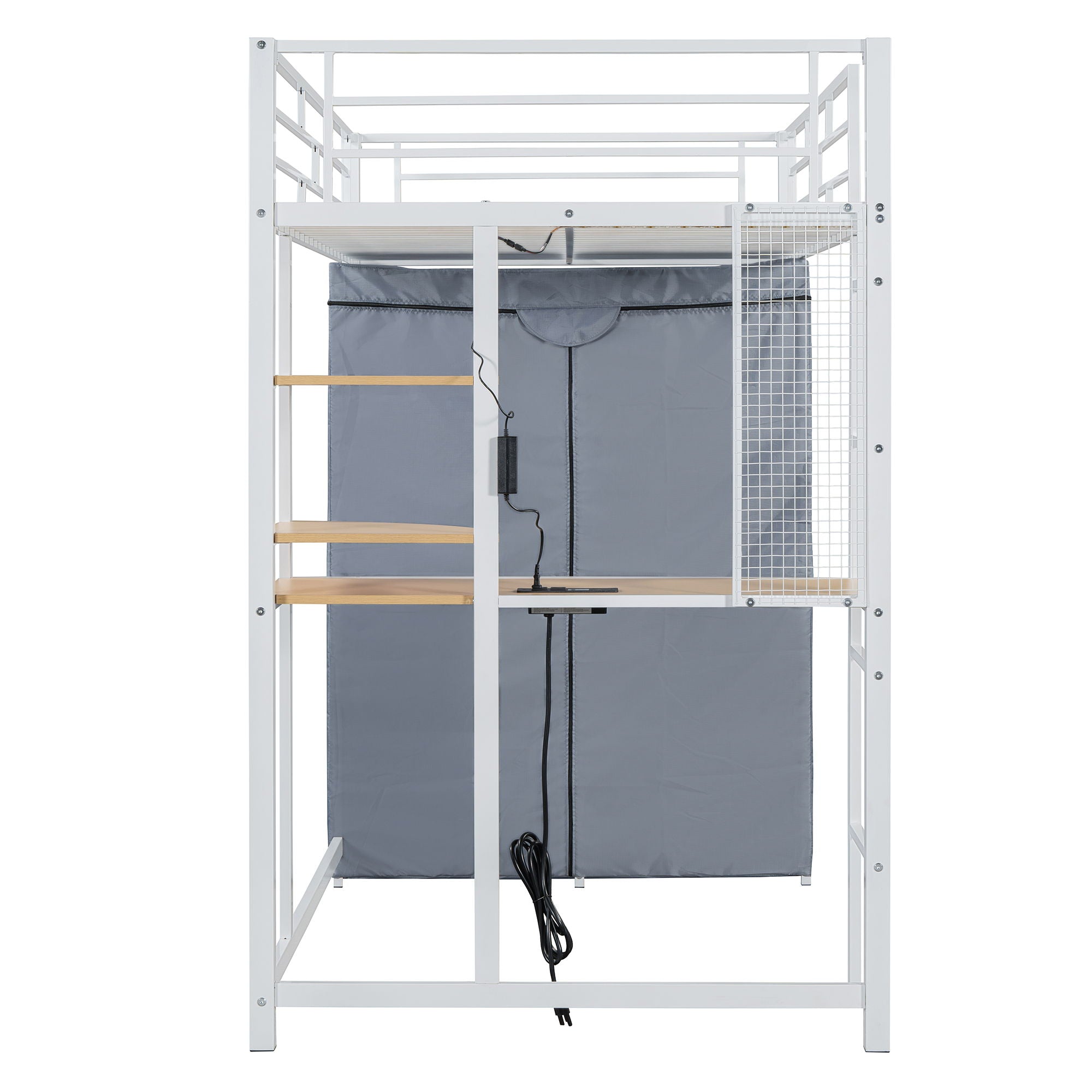 Loft Bed With Desk, Shelves, Power Outlet, LED Light And Wardrobe