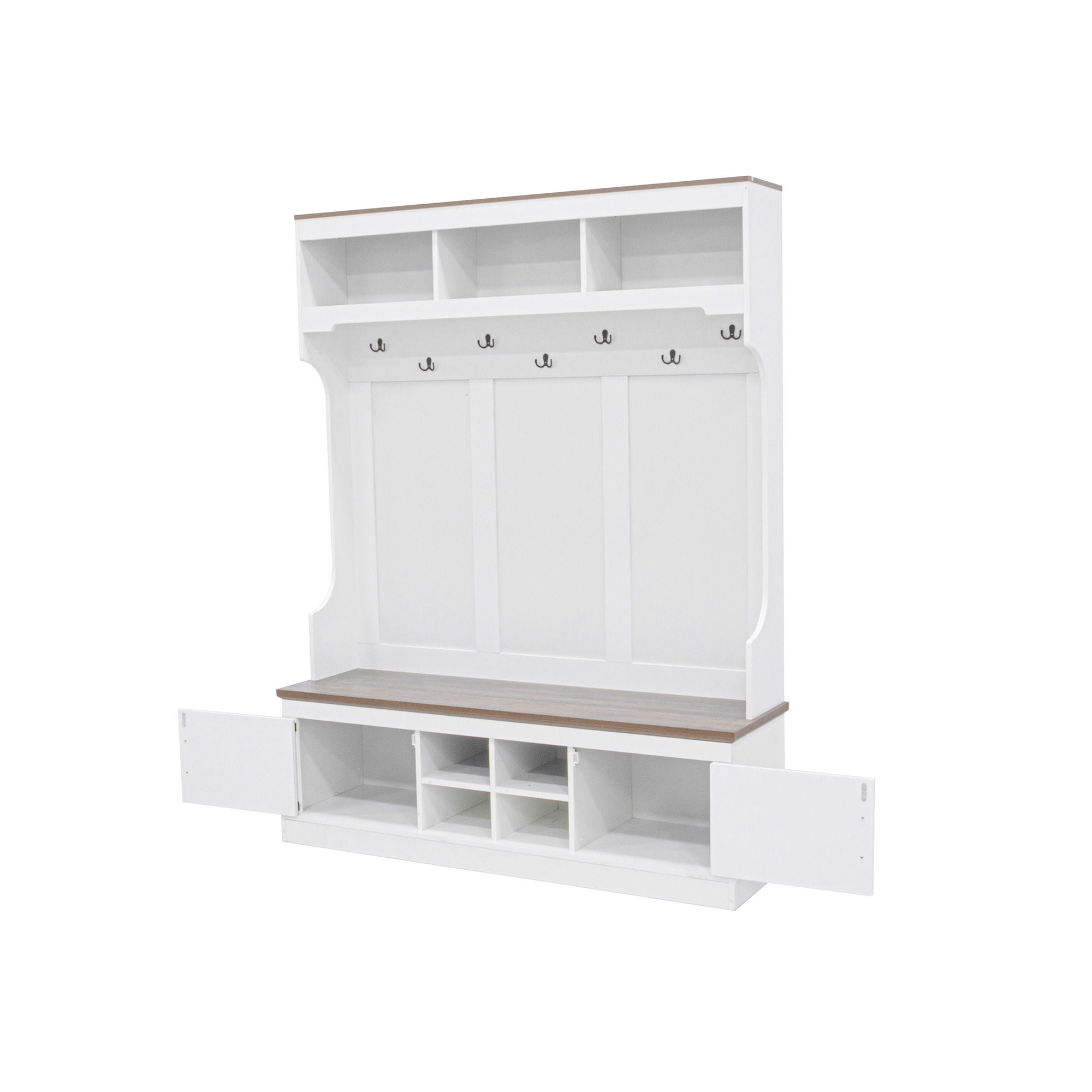 Hall Tree With Bench And Shoe Storage, 5 In 1 Entryway Organizer Cabinet With Coat Rack, 4 Shoe Cubbies & 7 Hooks - White