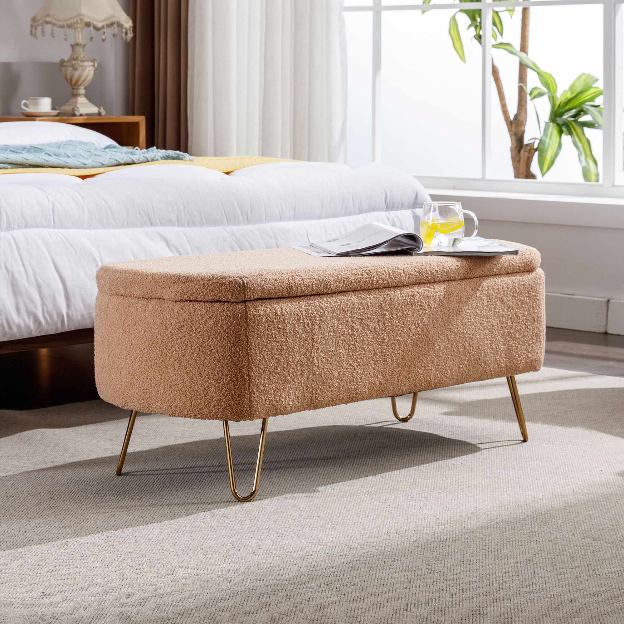 Storage Ottoman Bench For End Of Bed Legs, Modern Camel Faux Fur Entryway Bench Upholstered Padded With Storage For Living Room Bedroom