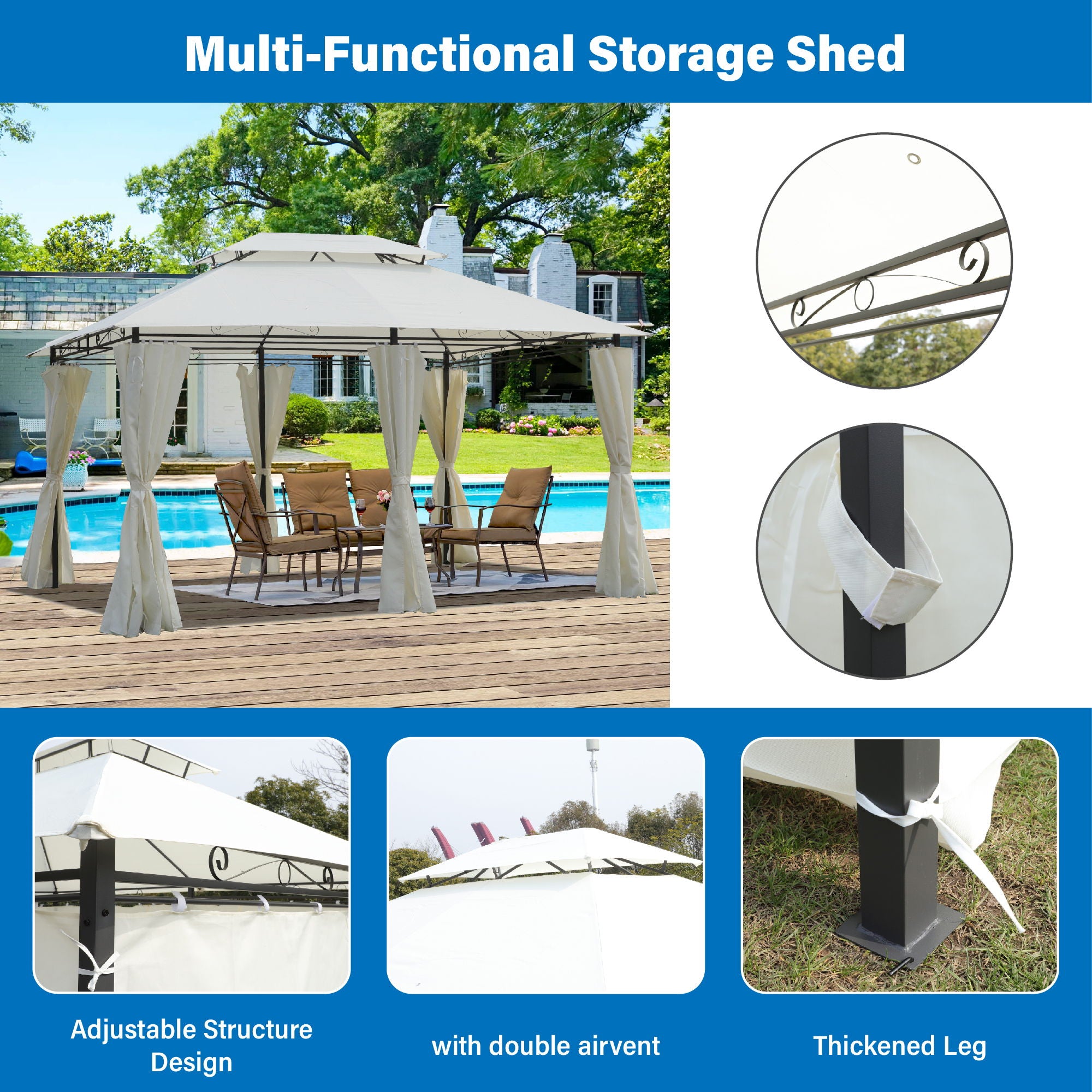 Outdoor Patio Gazebo Tent With Ventilated Double Roof And Sidewall