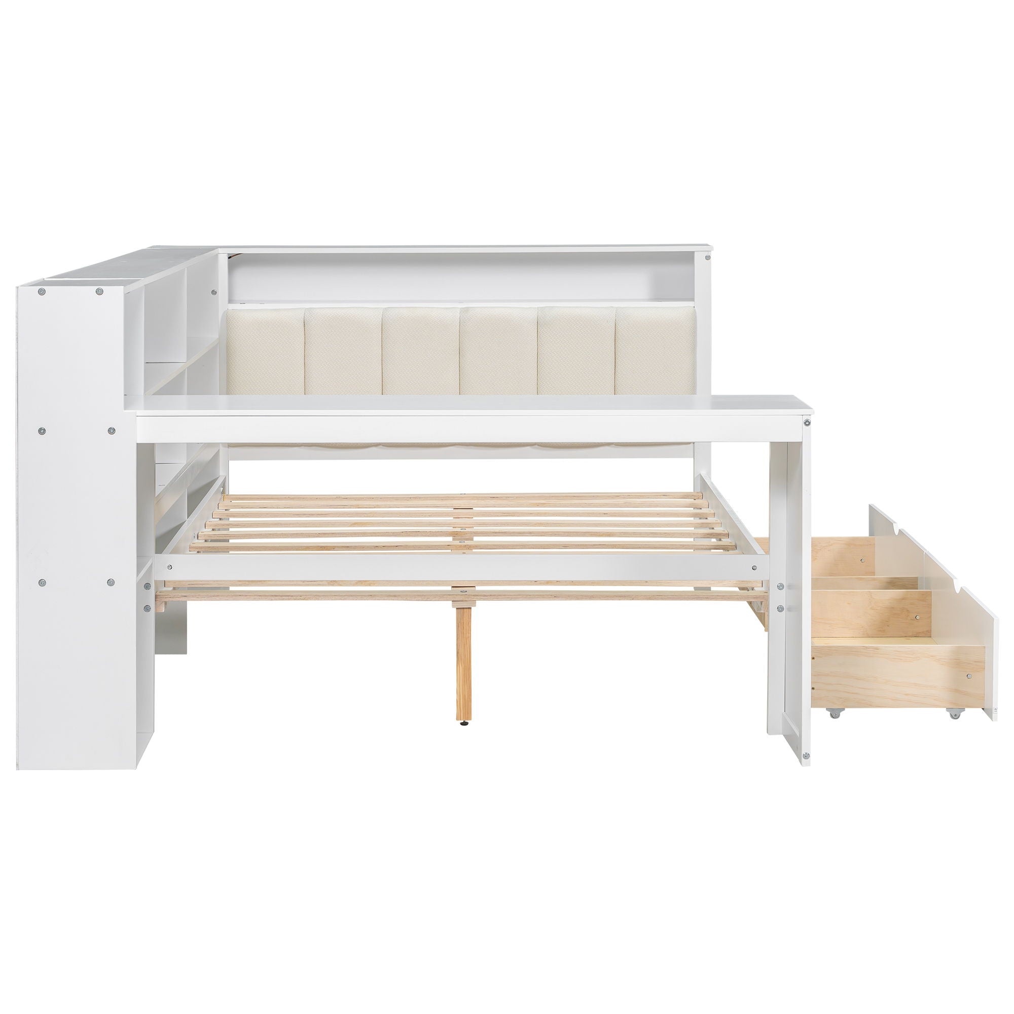 Platform Bed With Storage Shelves, Drawers, Charging Station, LED, Desk