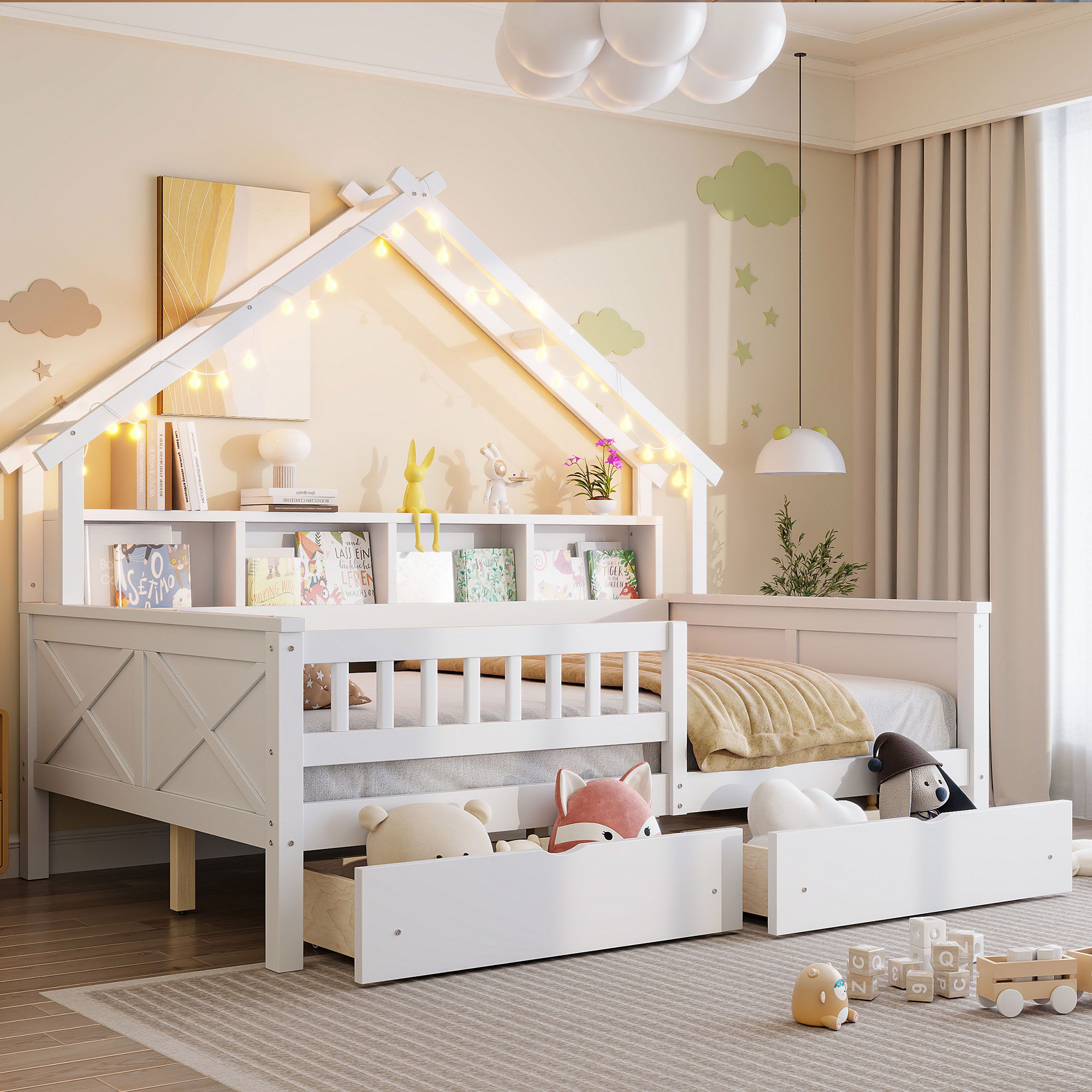 House Style Platform Bed With LED Lights, Storage Shelves, Drawers, And Guardrail