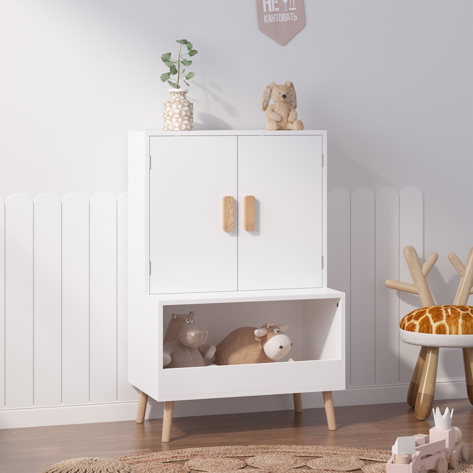Toy Storage Cabinet With Doors And Open Shelf, Toddler Bookshelf For Playroom - White