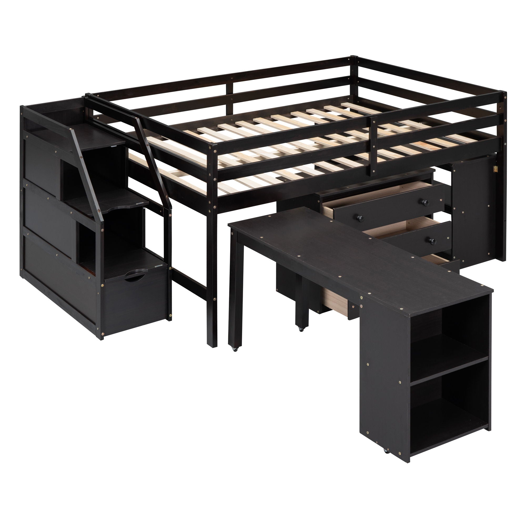 Loft Bed With Retractable Writing Desk And 3 Drawers With Storage Stairs And Shelves