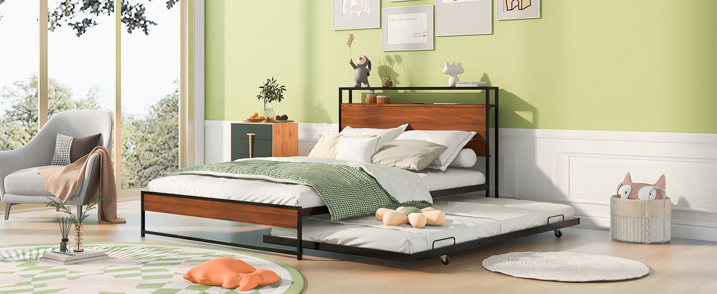 Platform Bed Frame With Trundle, USB Ports And Slat Support, No Box Spring Needed