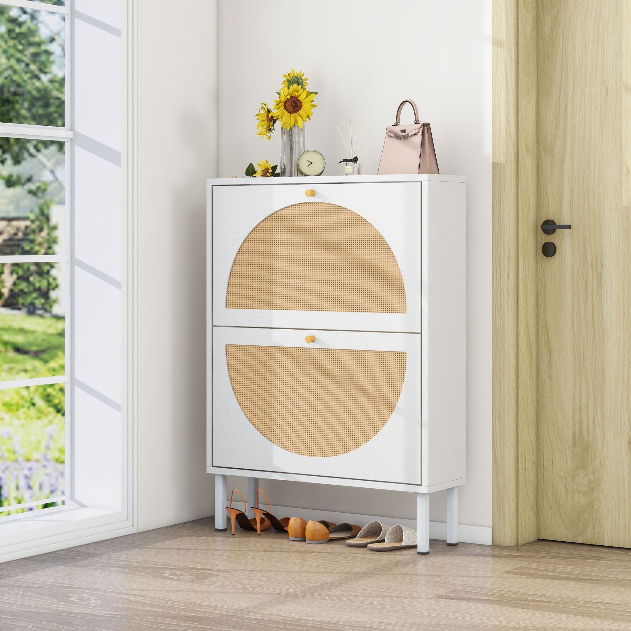 2 Door Shoe Rack, Rattan, Double Layer, Suitable For Living Room, Hallway - White