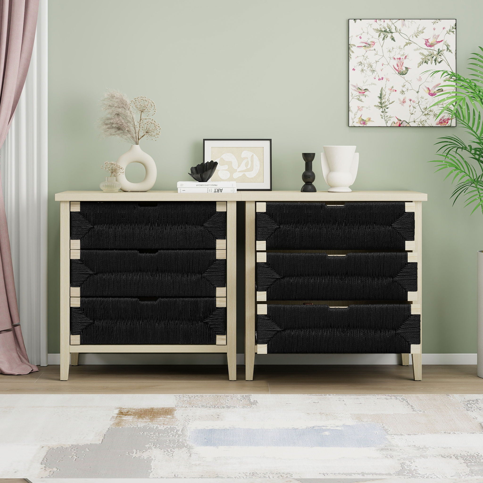 3 Drawer Buffet Sideboard With Adjustable Shelves, Storage Cabinet With Natural Seaweed Decor Doors For Living Room Kitchen Entryway - Natural
