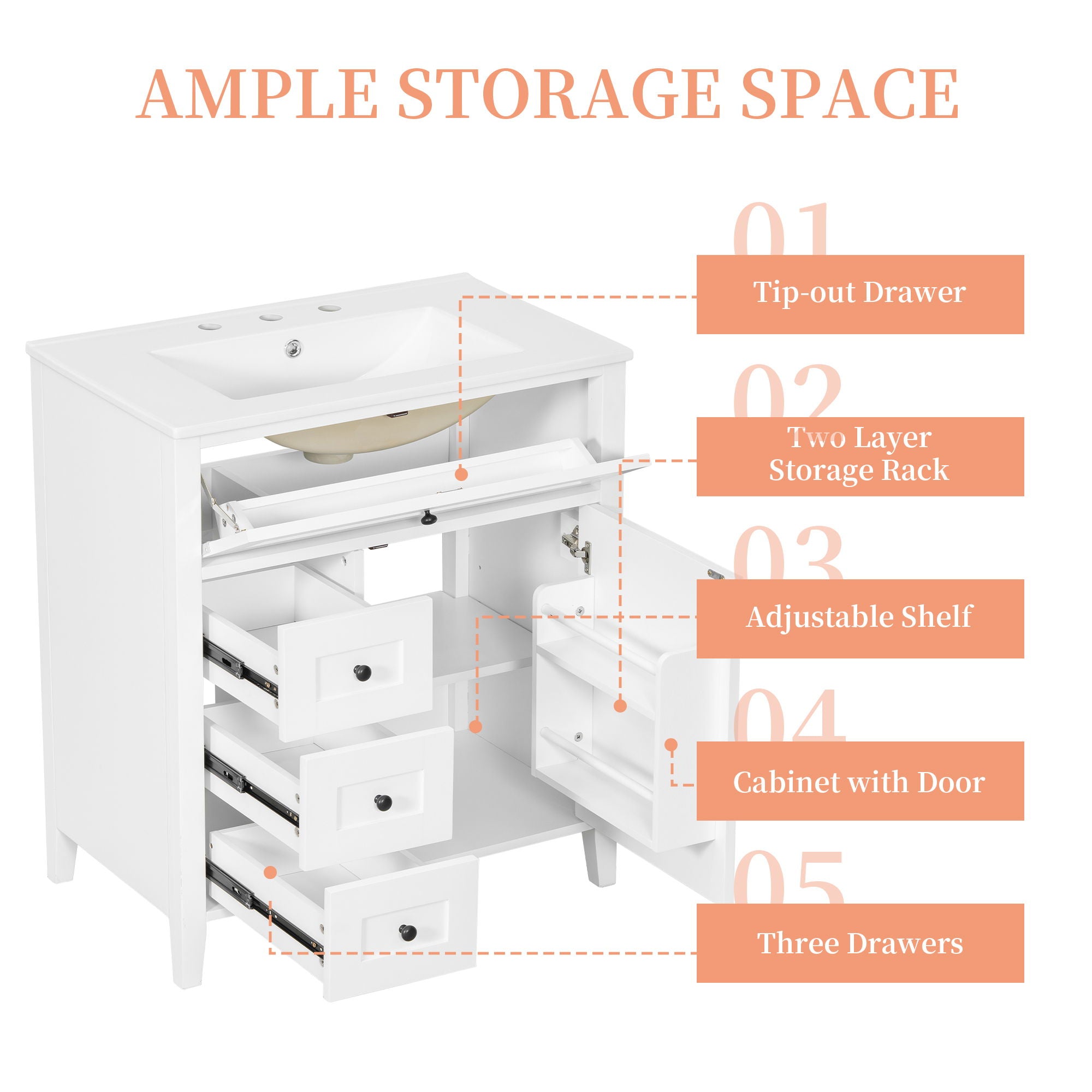 Modern Bathroom Vanity With Sink, 3 Drawers And Adjustable Shelf
