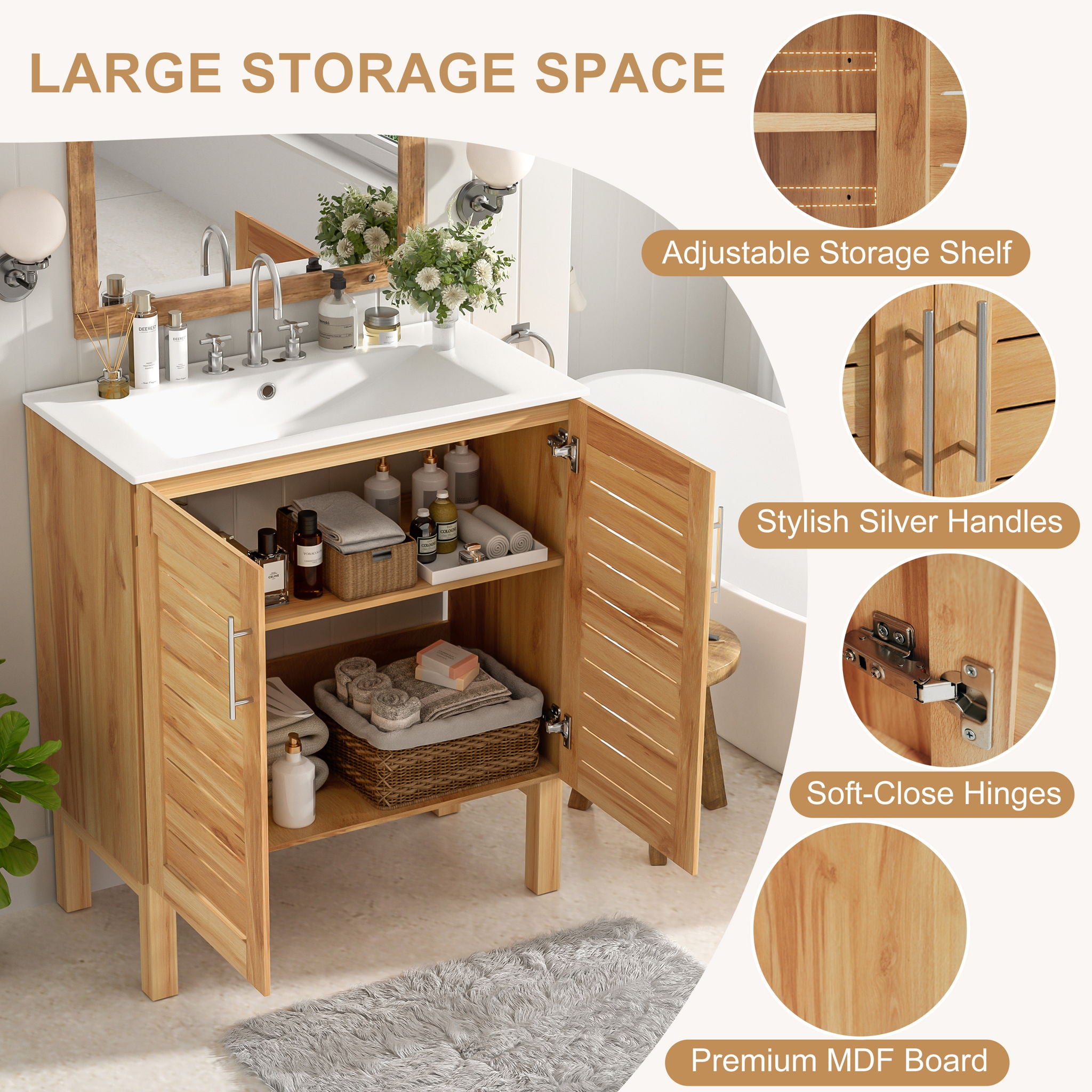 Bathroom Vanity With Ceramic Sink, Freestanding Cabinet - Antique Natural / Brown