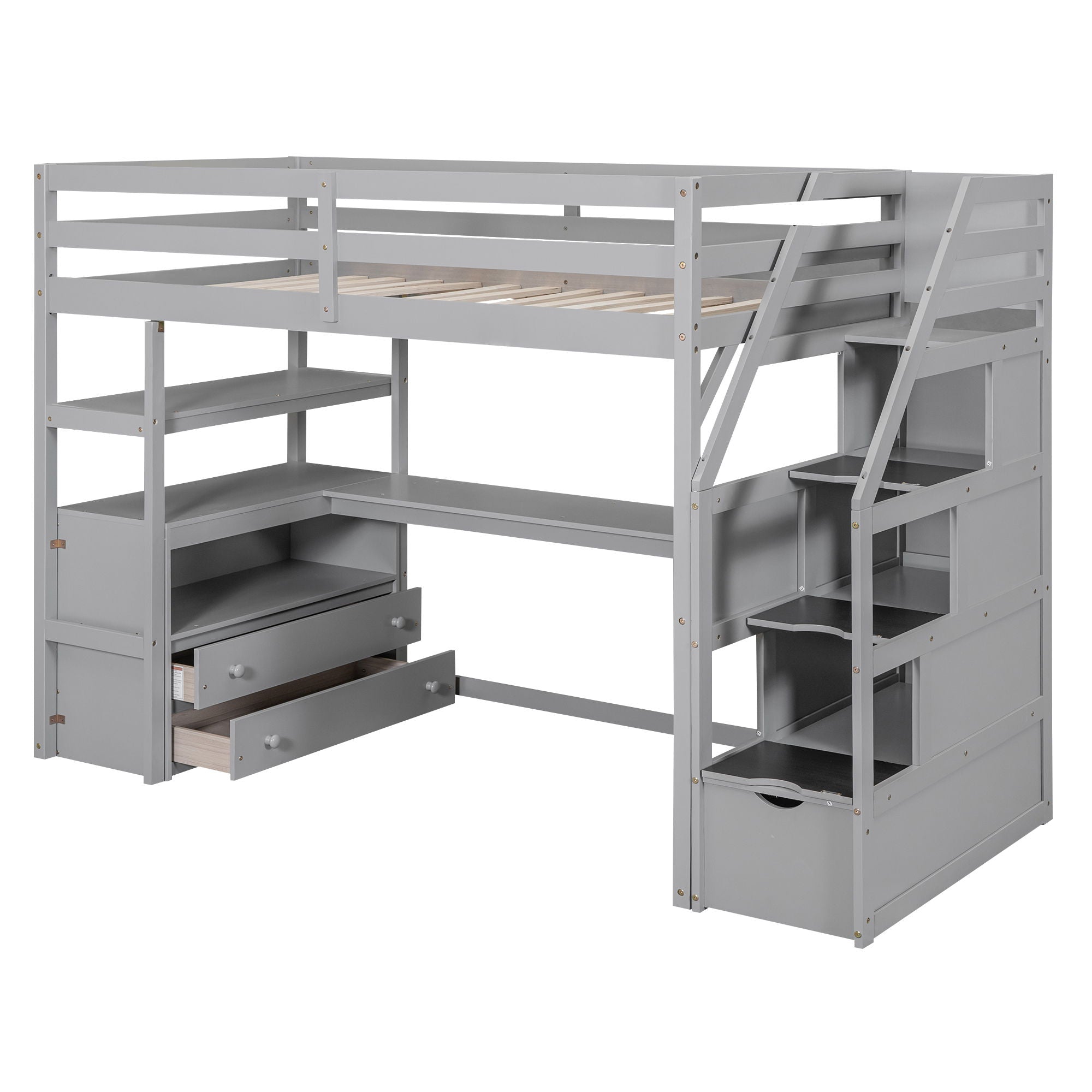 Loft Bed With Desk, Shelves, 2 Drawers, Storage Staircase