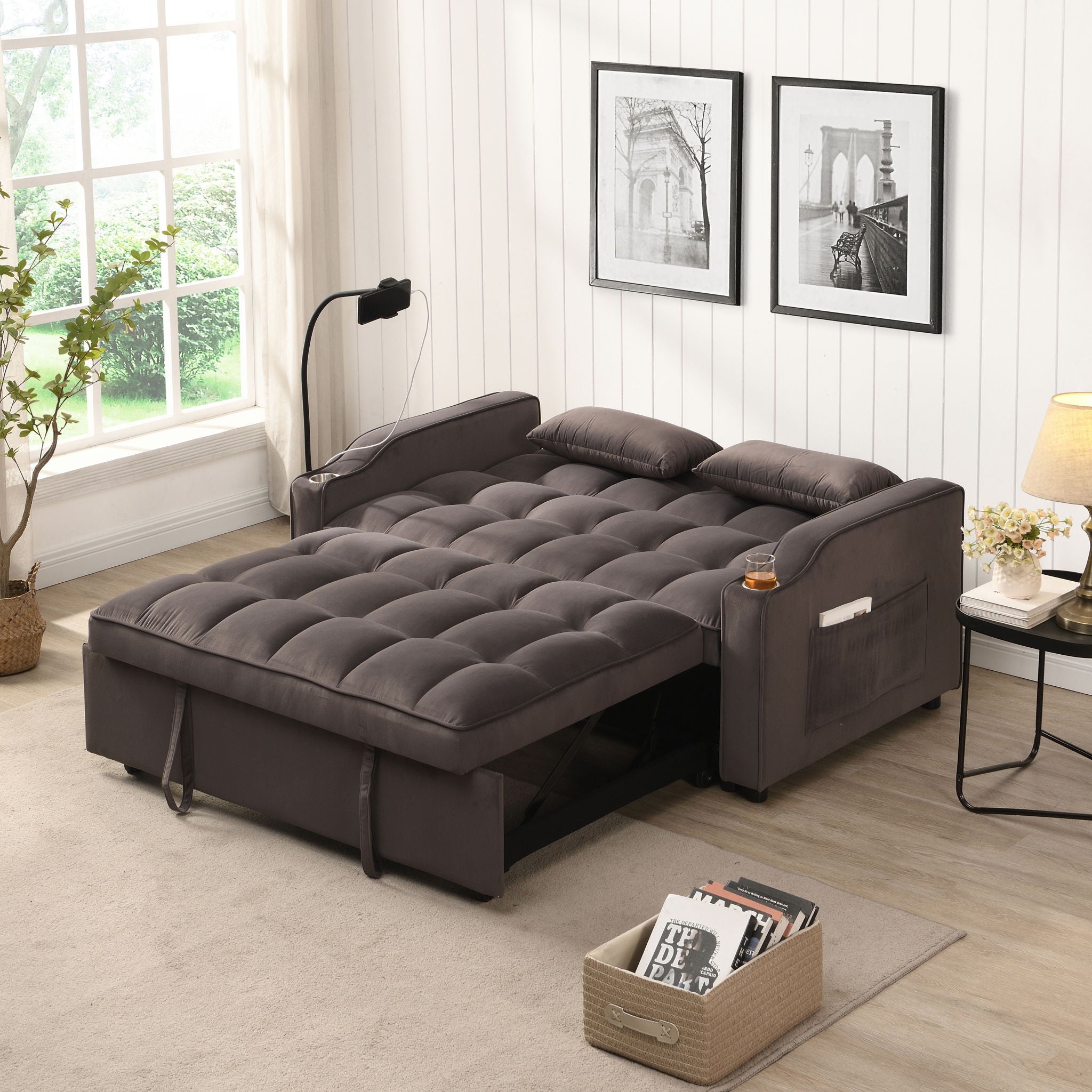Modern Loveseat Futon Sofa With Pullout Bed, Adjustable Reclining Backrest, Toss Pillows