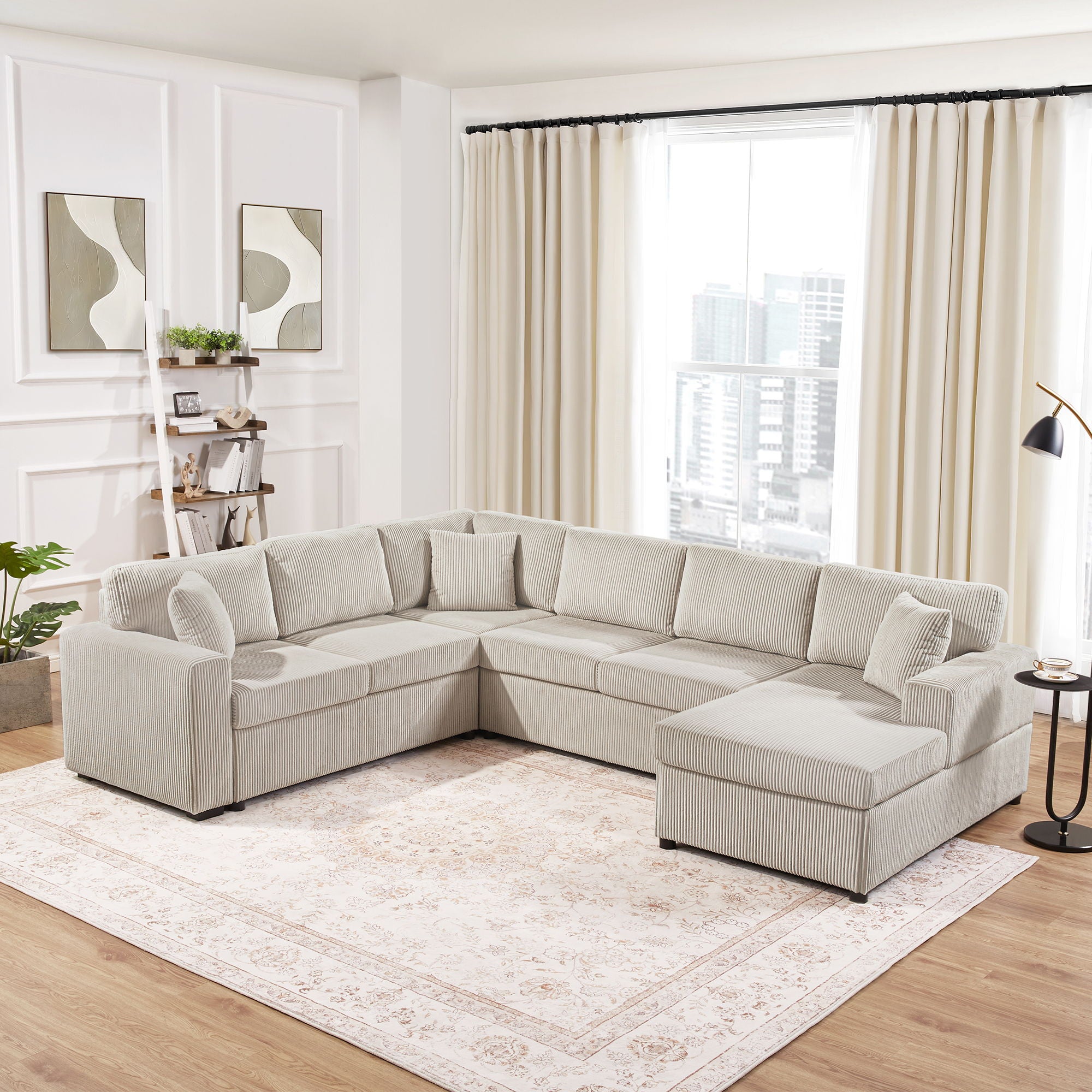 Oversized Sectional U-Shaped Sofa With Chaise Lounge And Three Soft Throw Pillows