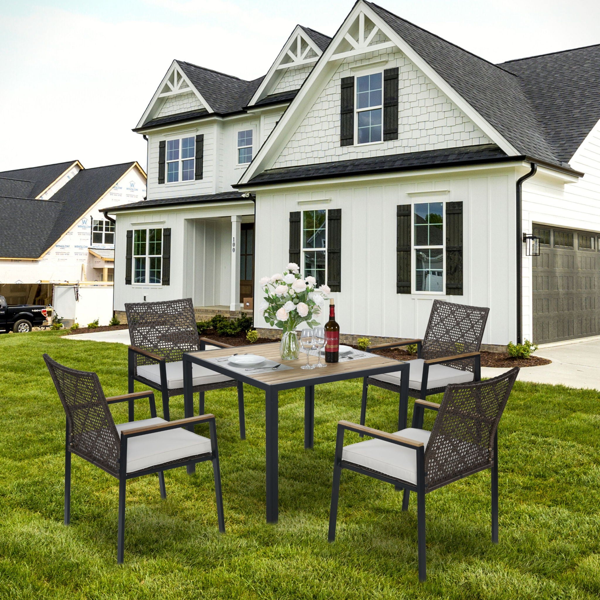 5 Piece Patio Dining Table Set, Acacia Wood Table Top With Umbrella Hole