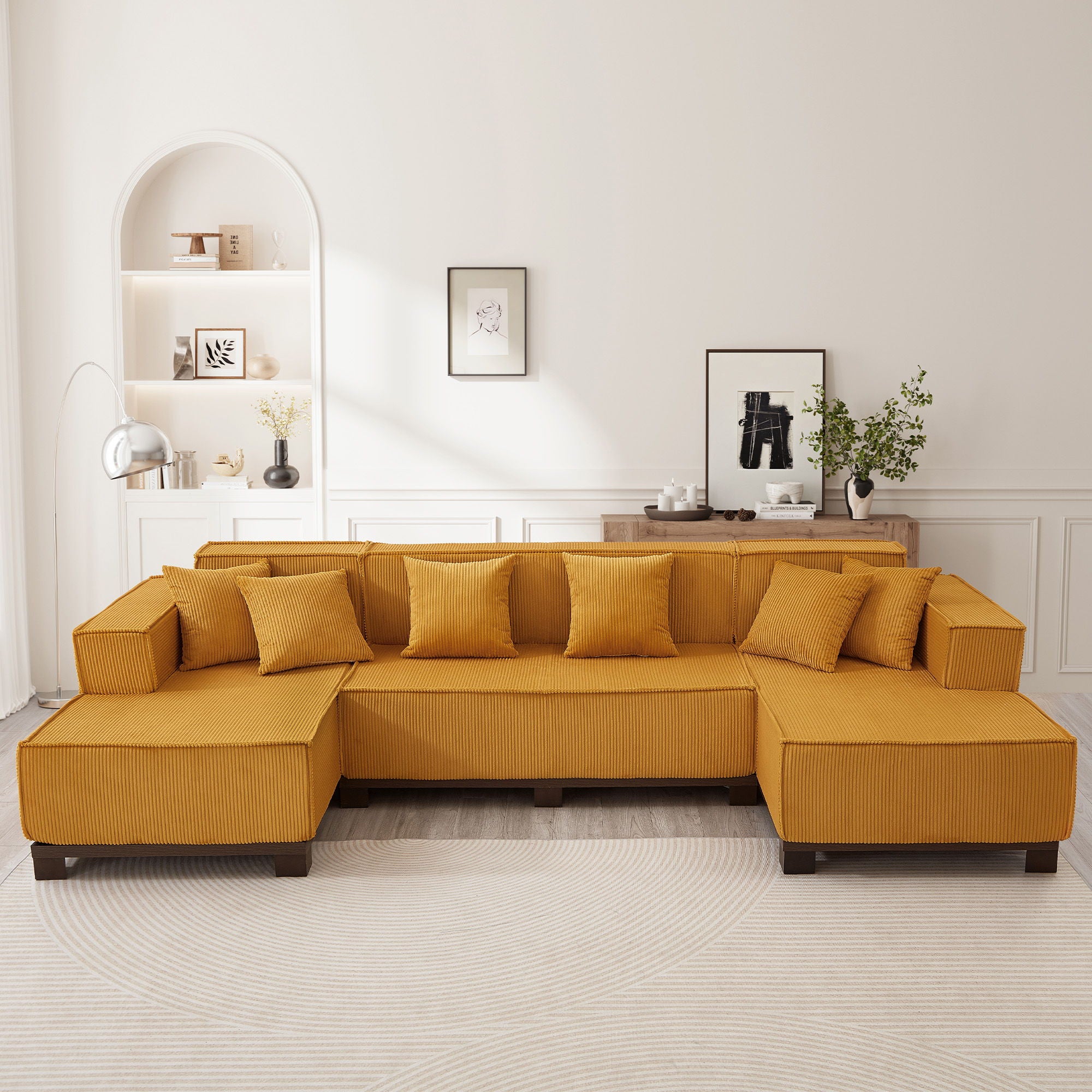 U-Shaped Sectional Sofa With RGB LED Light Strip And 6 Pillows