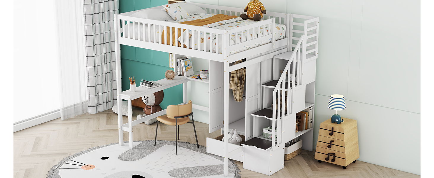 Loft Bed With Bookshelf, Drawers, Desk, And Wardrobe