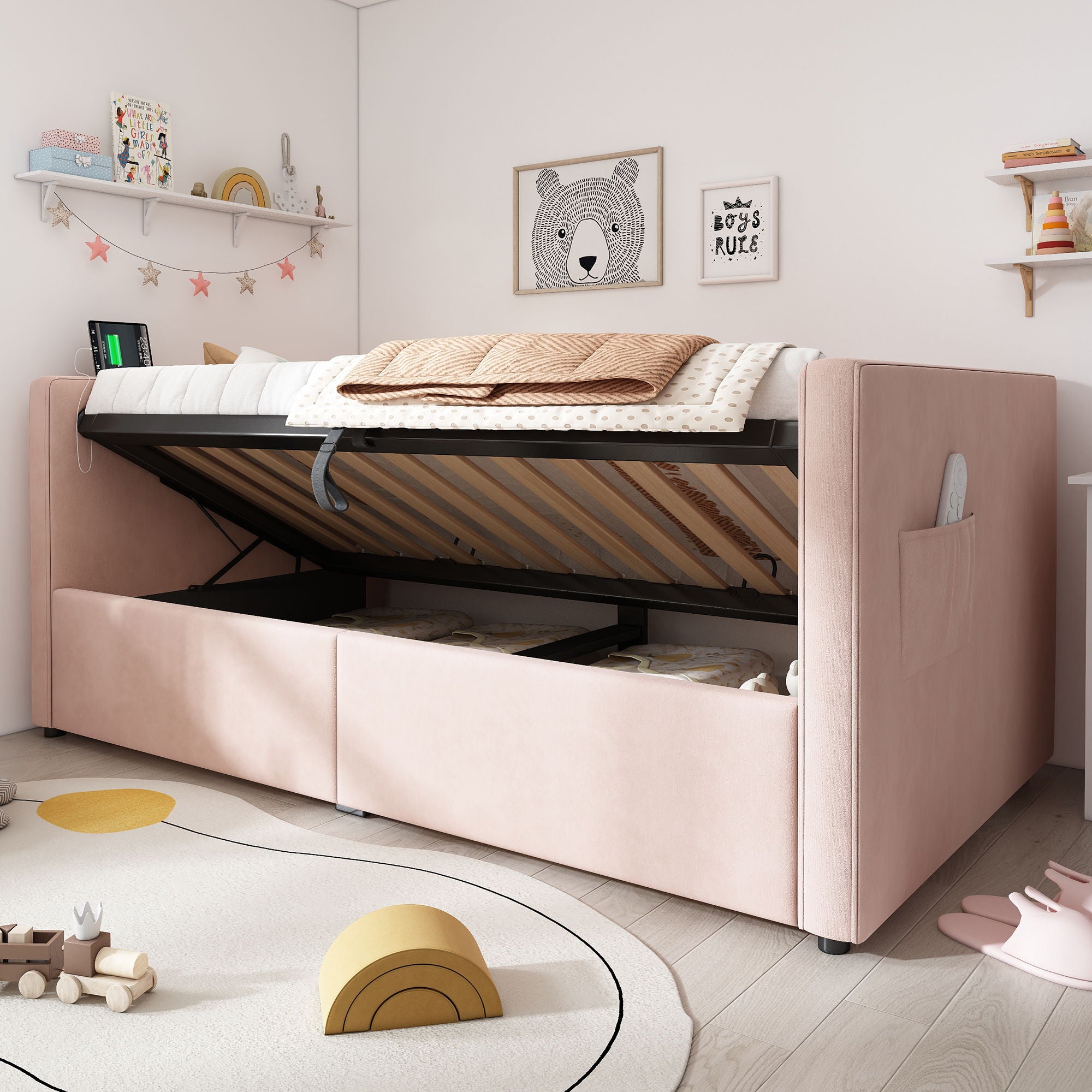 Upholstered Hydraulic Storage Daybed With USB & Type C Charging