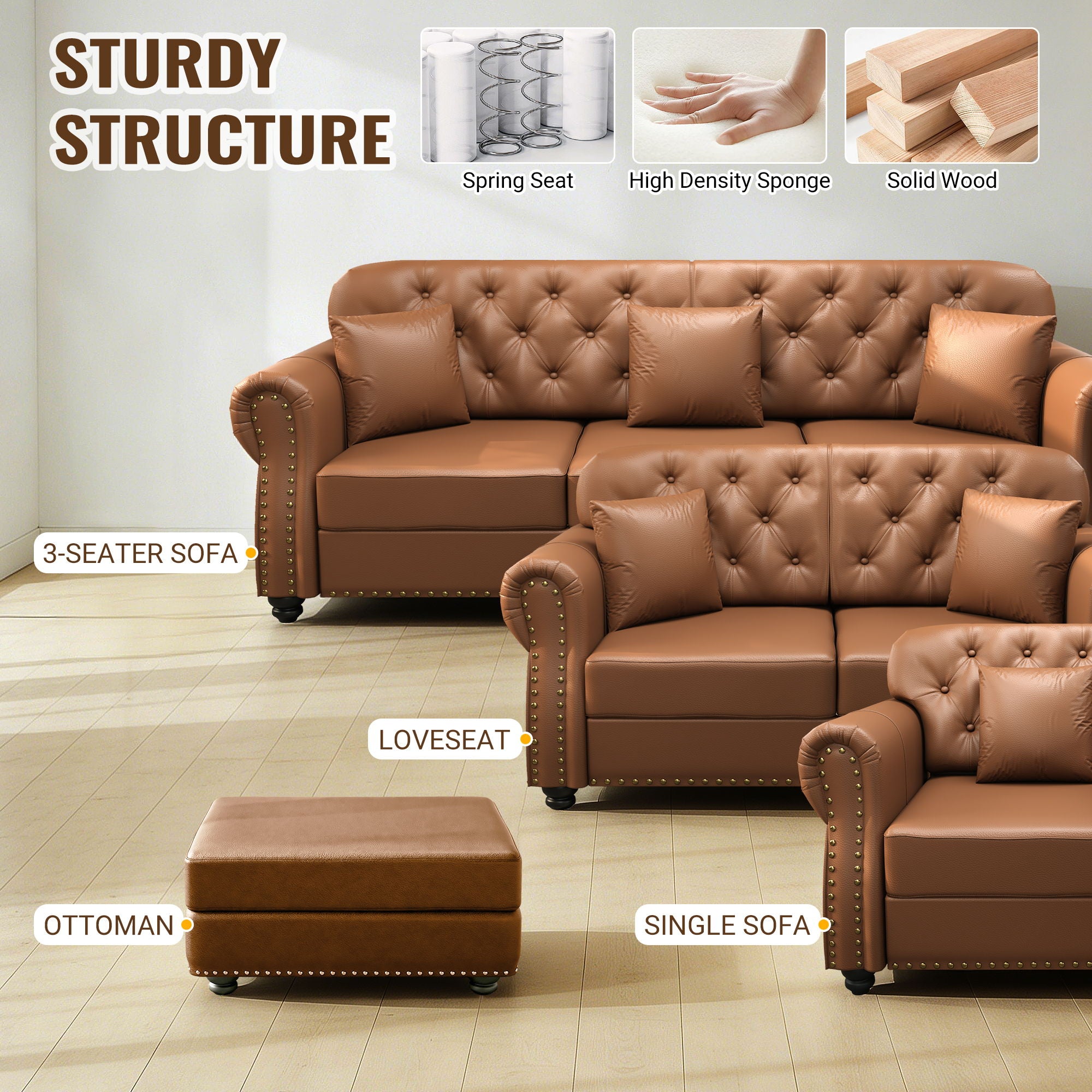Upholstered Sofa With Nailhead Trim, Rolled Armrests With Ottoman