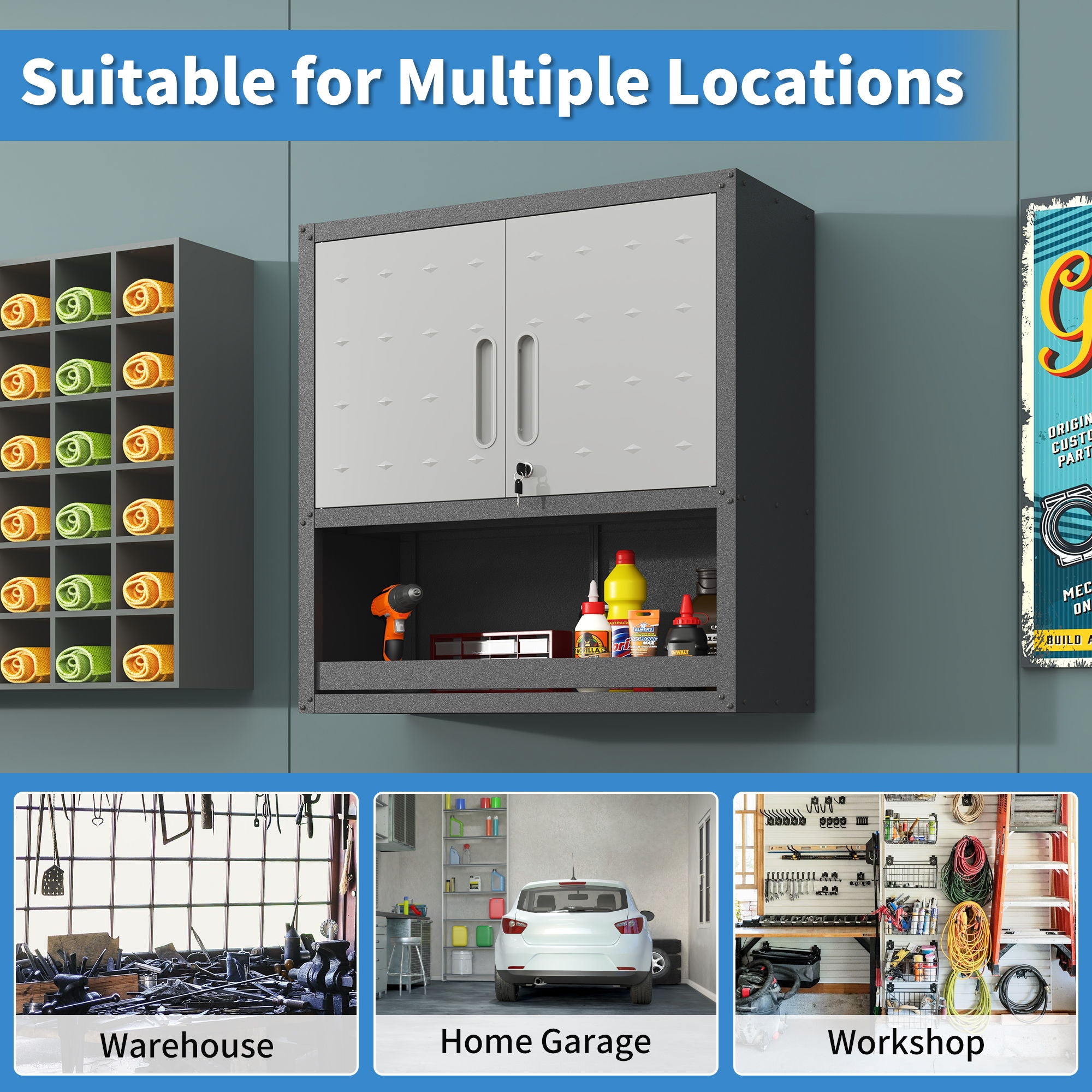 Metal Wall Mounted Tool Storage Cabinet With Locking Door, 1 Shelf & 1 Drawer