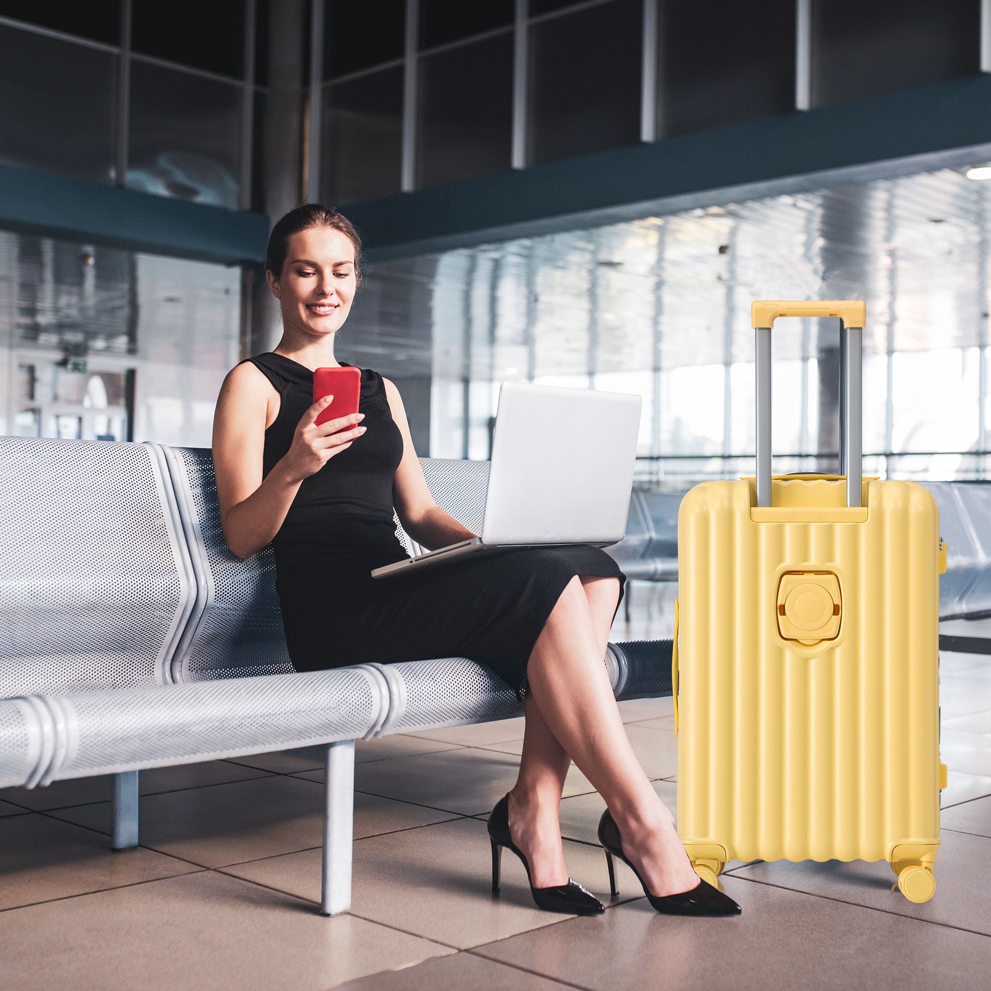 20" / 24" / 28" 3 Pieces / Set Spinner Wheel Luggage, Carry On Suitcase, With Cup Holder & USB Port & Phone Holder