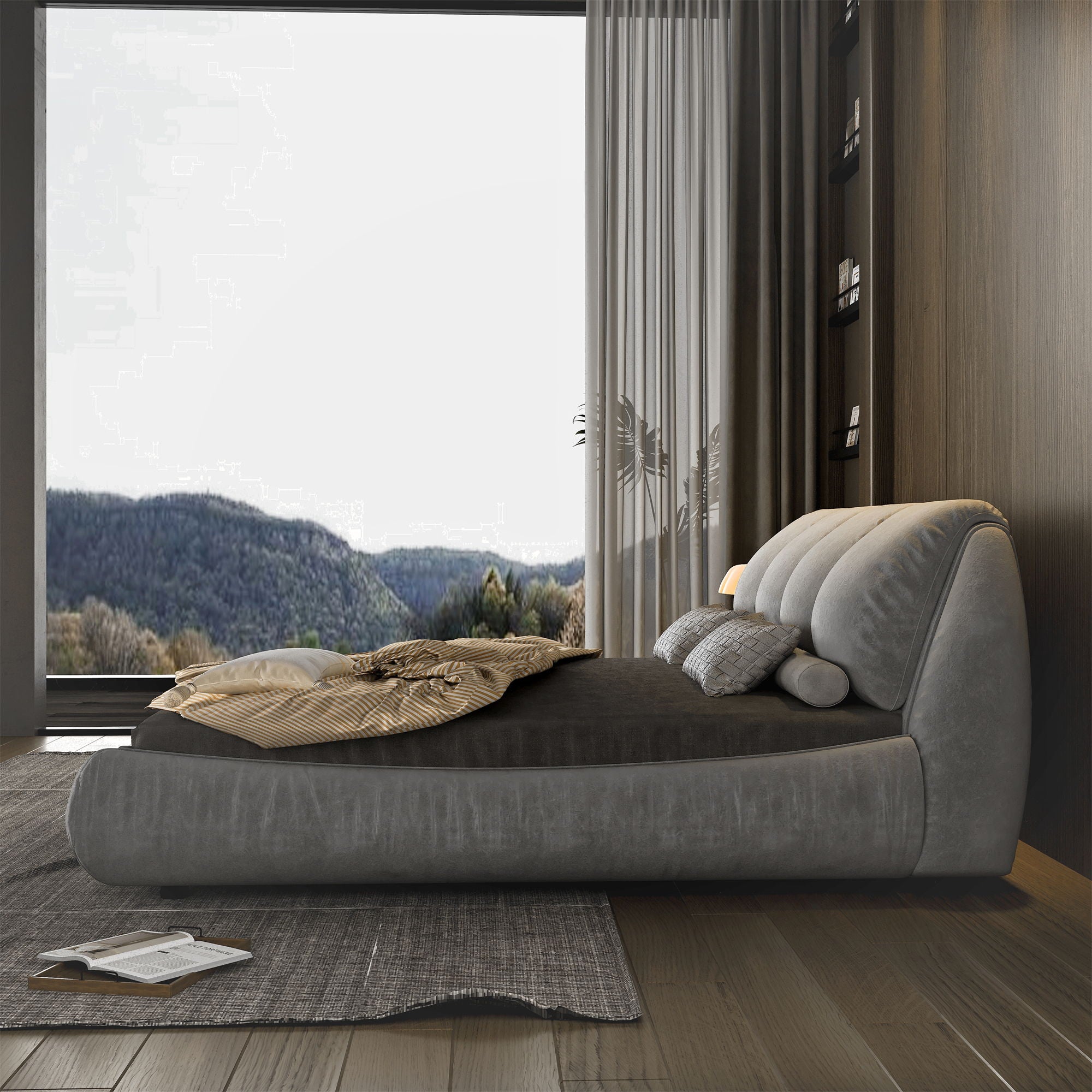 Luxury Upholstered Platform Bed With Oversized Padded Backrest And Solid Wood Frame