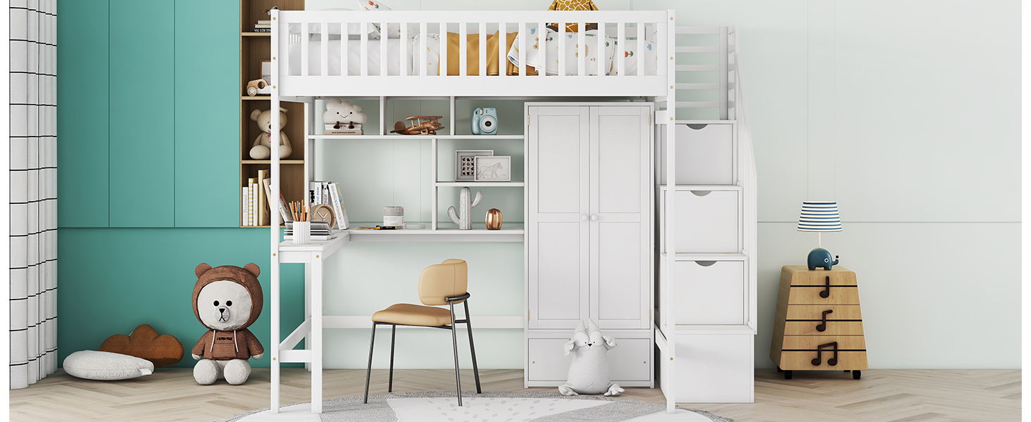 Loft Bed With Bookshelf, Drawers, Desk, And Wardrobe