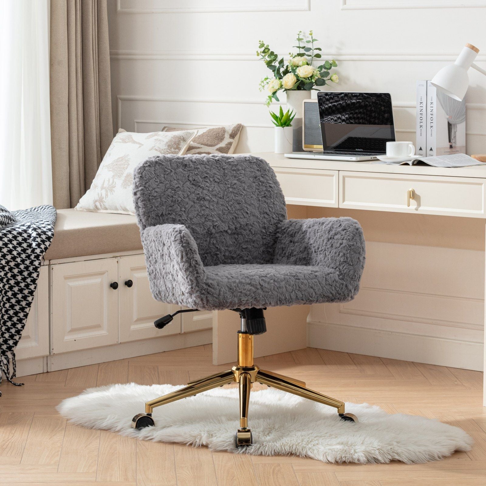 Office Chair, Artificial Rabbit Hair Home Office Chair With Metal Base, Adjustable Desk Chair Swivel Office Chair, Vanity Chair