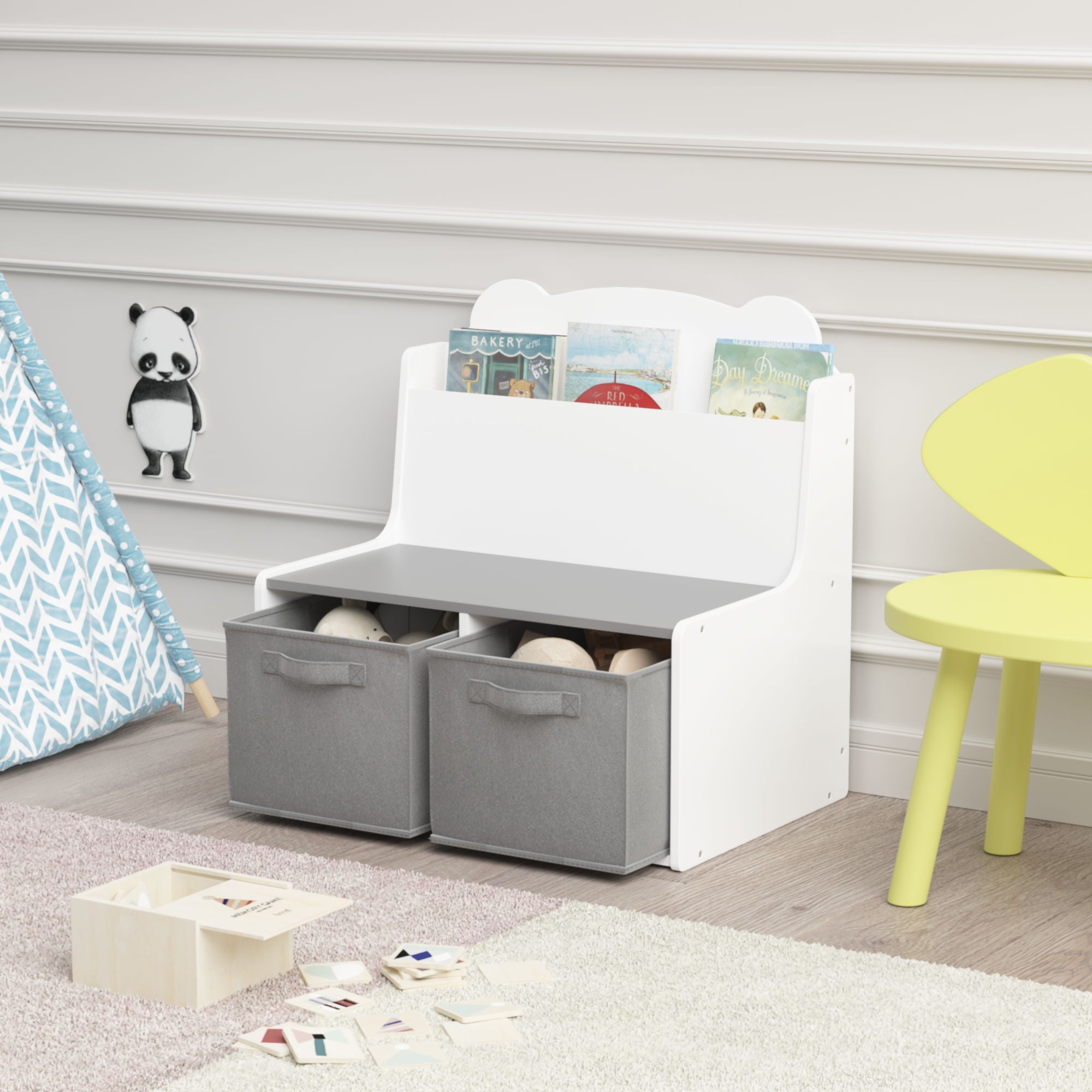Bookshelf With Storage Bins, Bookcase With Book Display Shelf And 2 Bins, Cute Bear Shaped Backboard, Toy Organizer - White