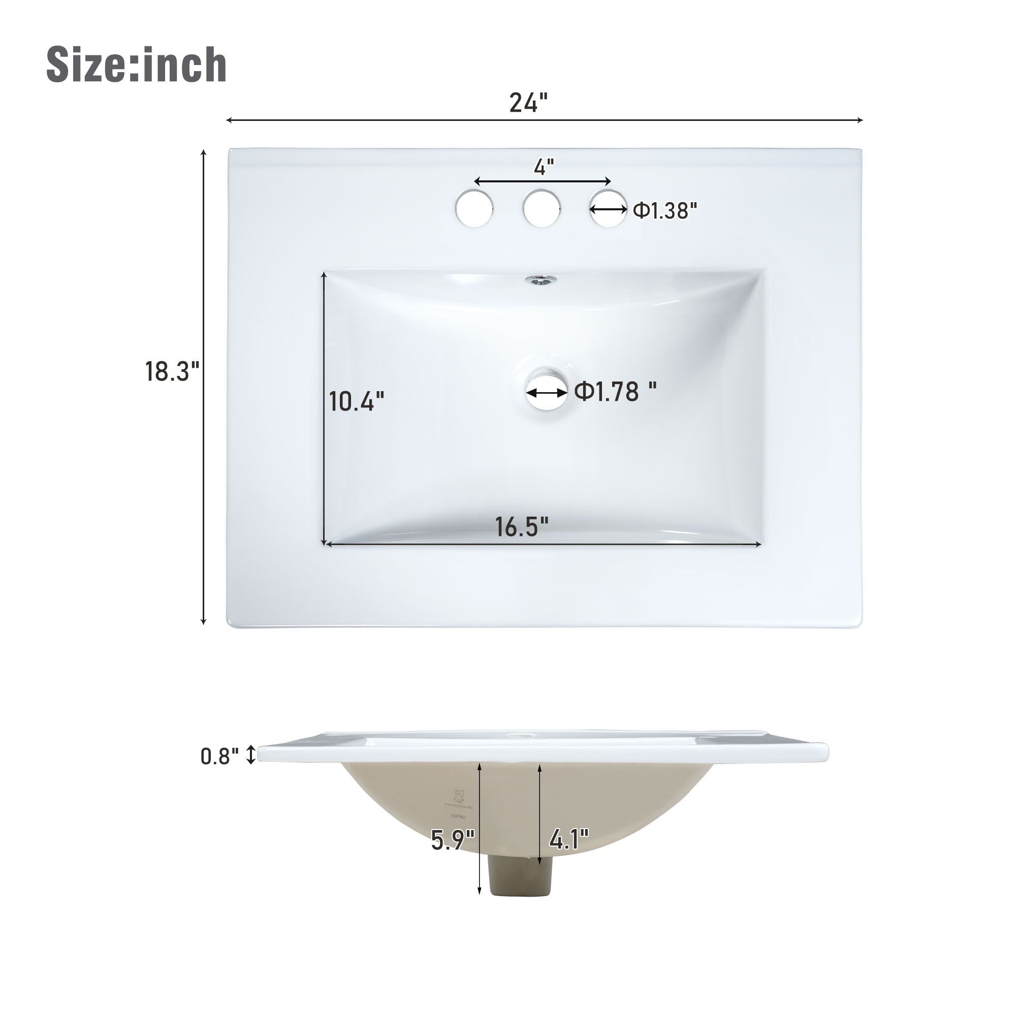 Bathroom Vanity With Integrated Undermount Ceramic Sink, 2 Doors And 1 Drawer, Soft Close Hinges
