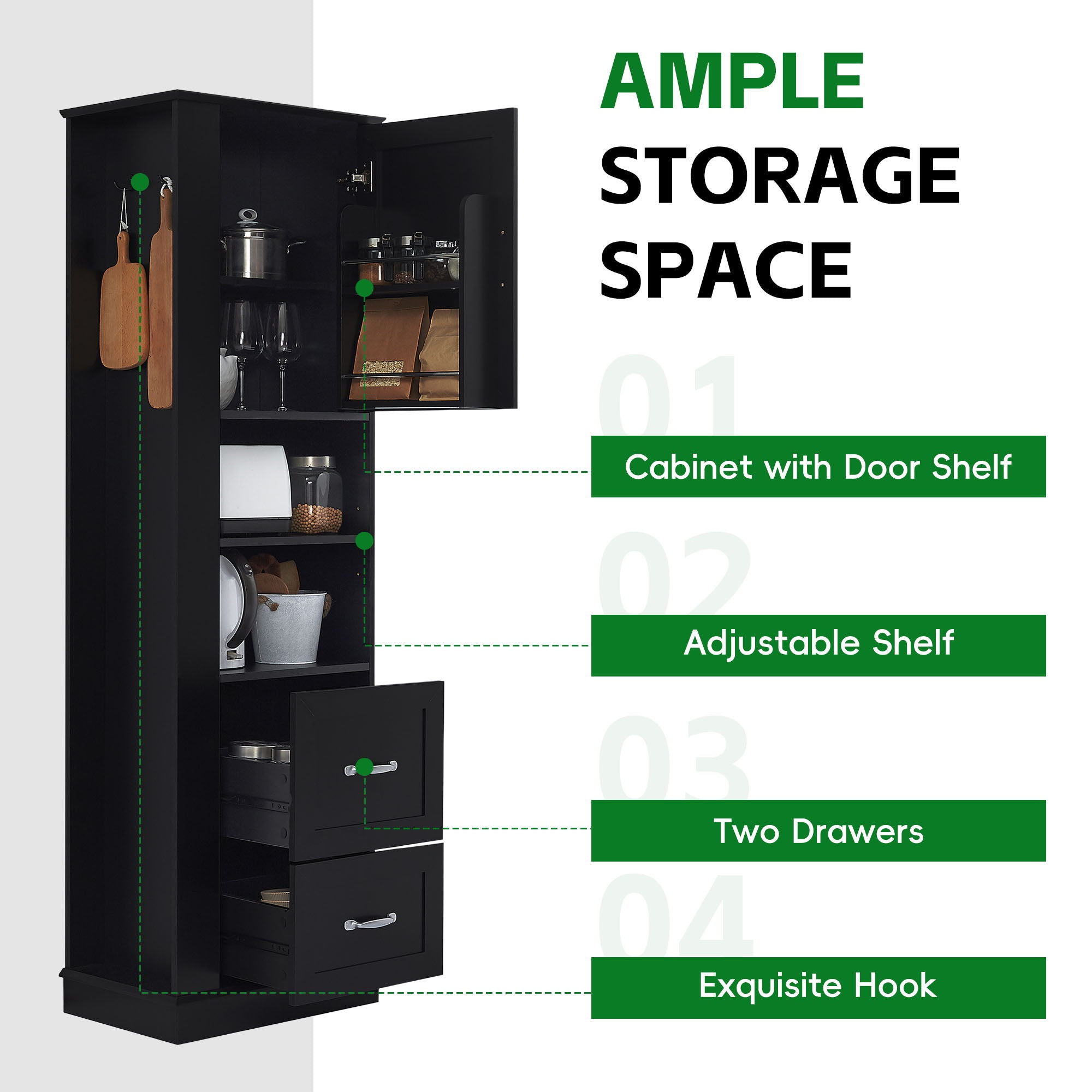 Freestanding Bathroom Storage Cabinet With Adjustable Shelves And Side Hooks Board, Rectangle Design