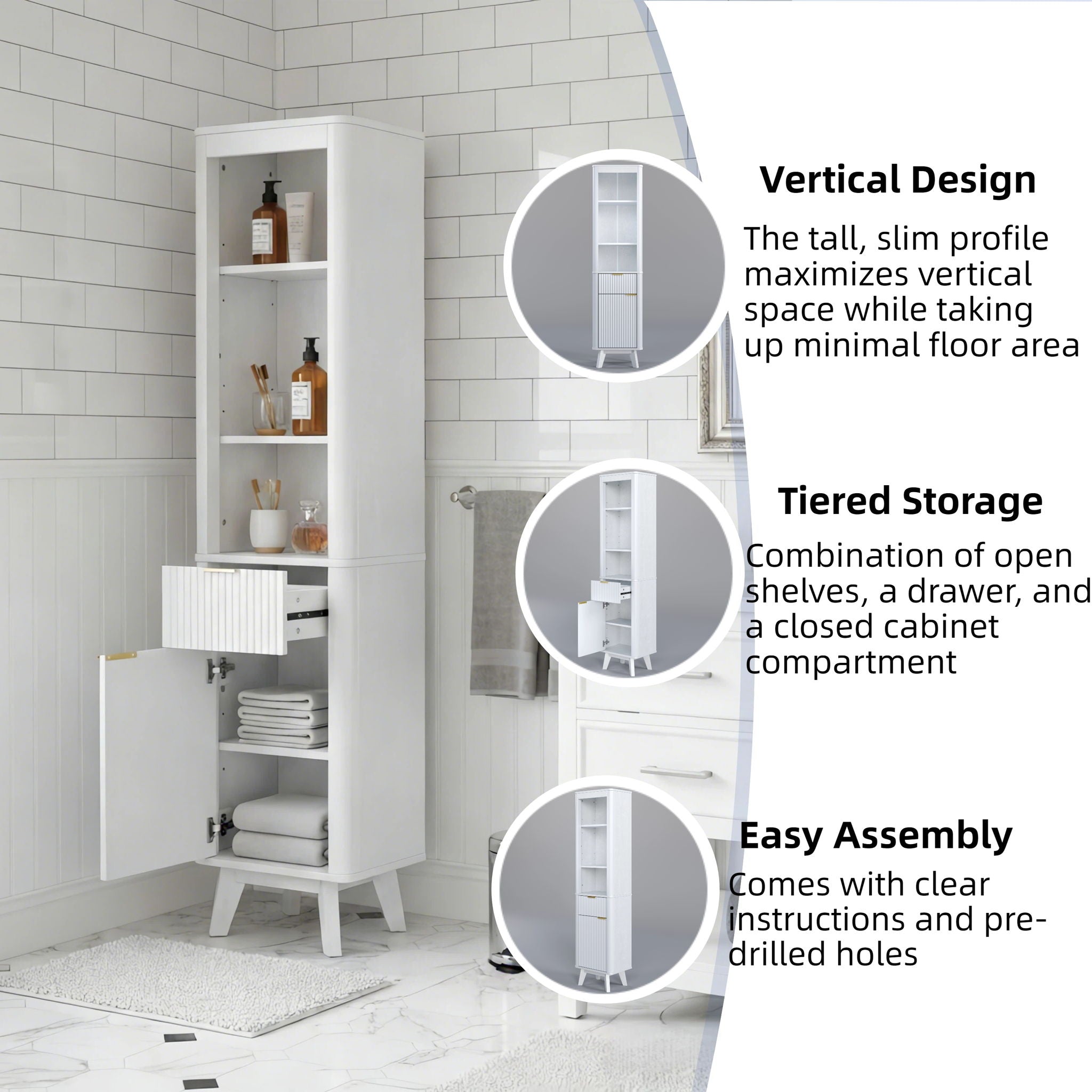 Tall Bathroom Storage Cabinet With Adjustable Shelves And 1 Drawer & Door