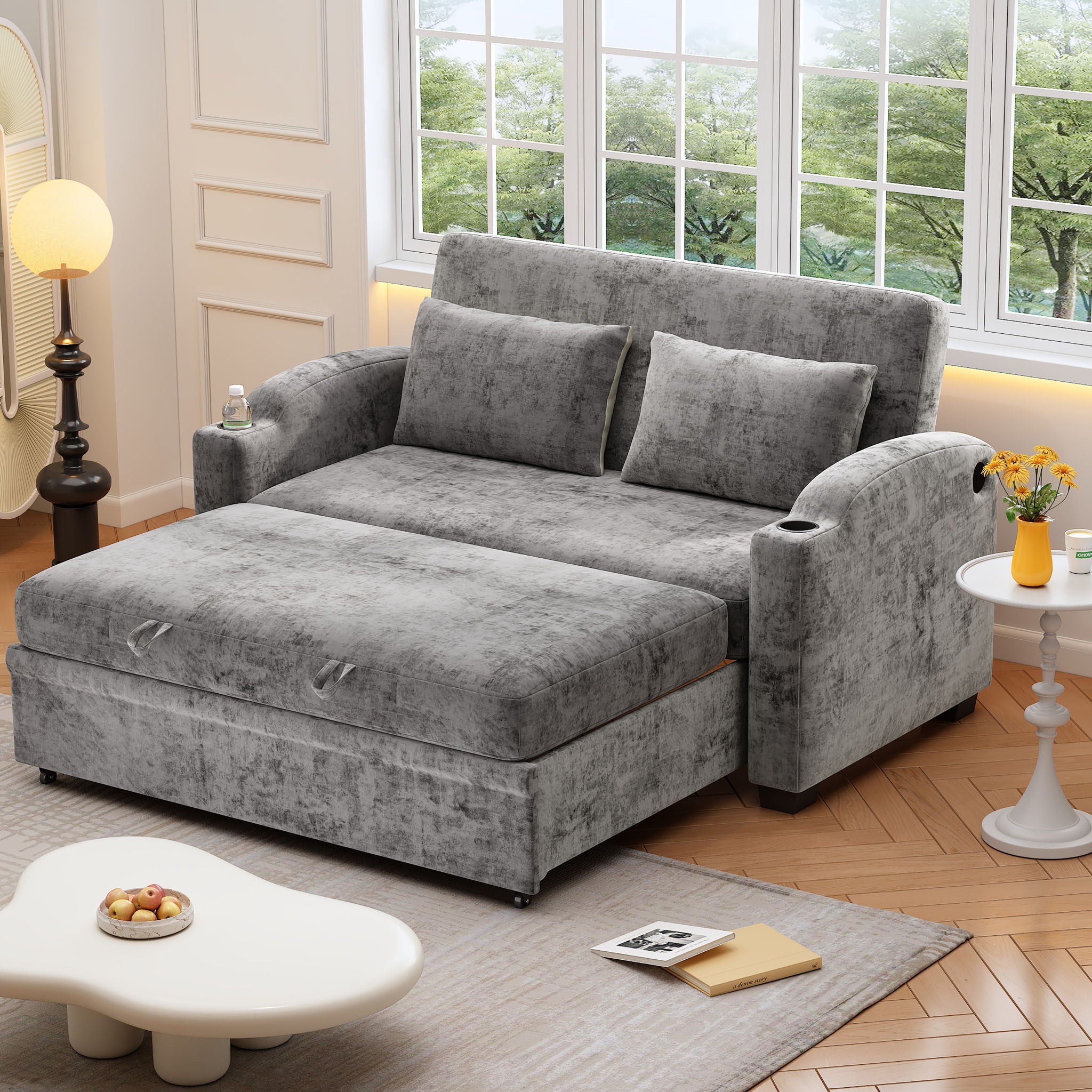 Pull Out Loveseat Sofa With Adjsutable Backrest, 2 Pillows, Cup Holders, USB Ports For Living Room