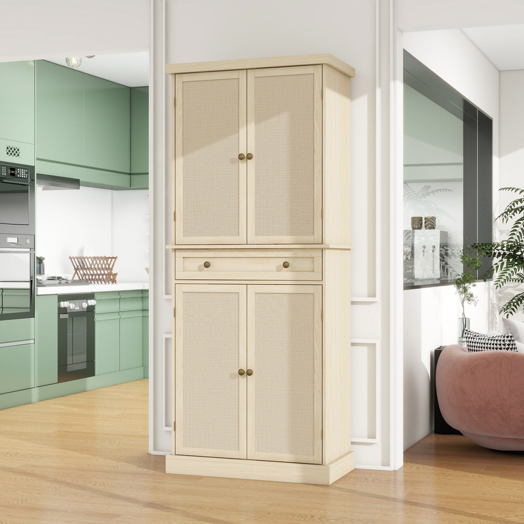 4 Door Storage Cabinet With 1 Drawer And 4 Adjustable Inner Shelves - Natural